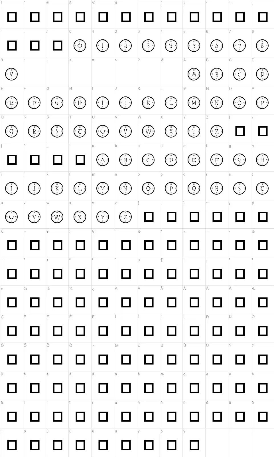 101! Clock Facefont character map
