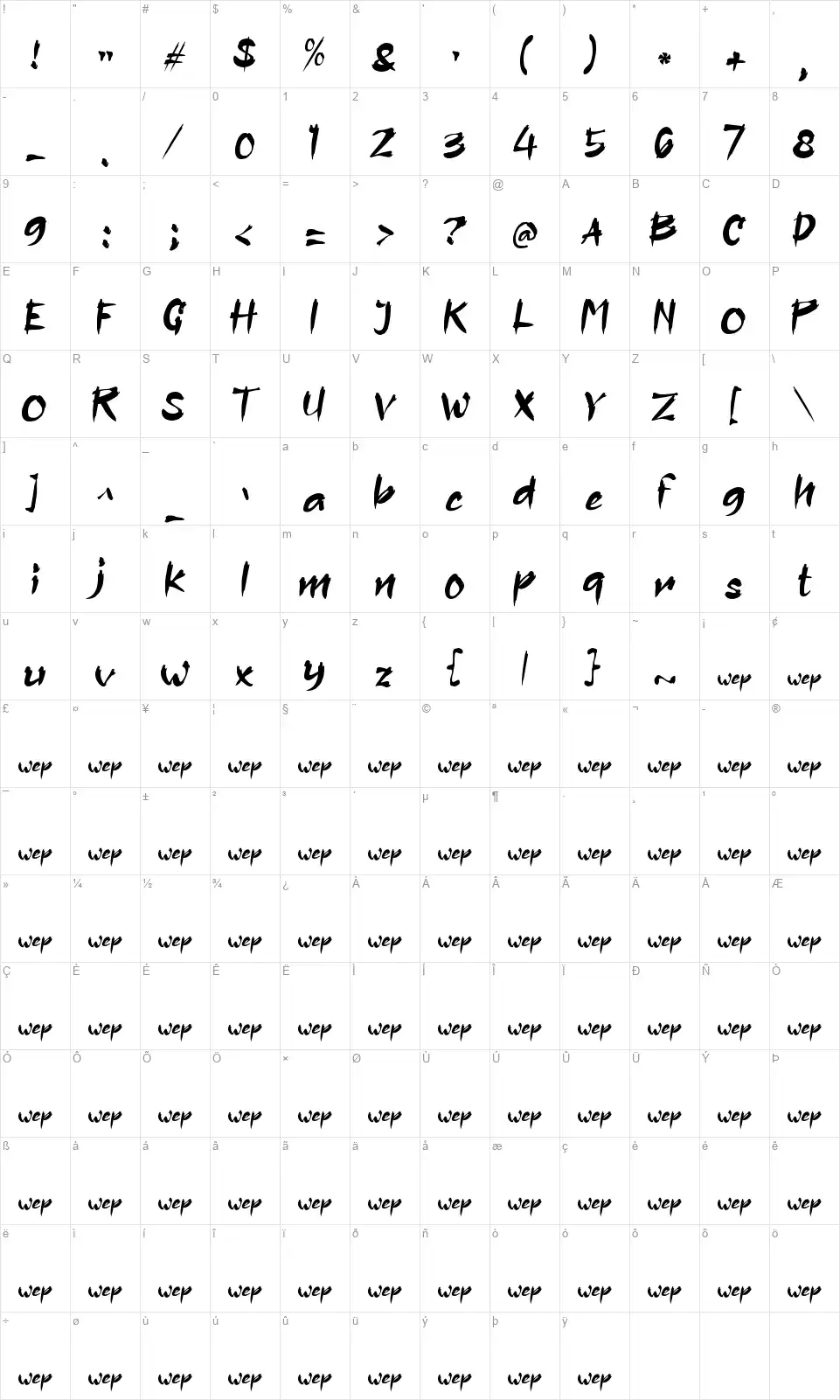 a Assassin Ninjafont character map