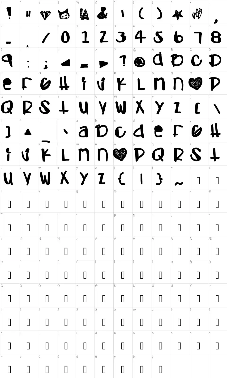 Adamski Handfont character map