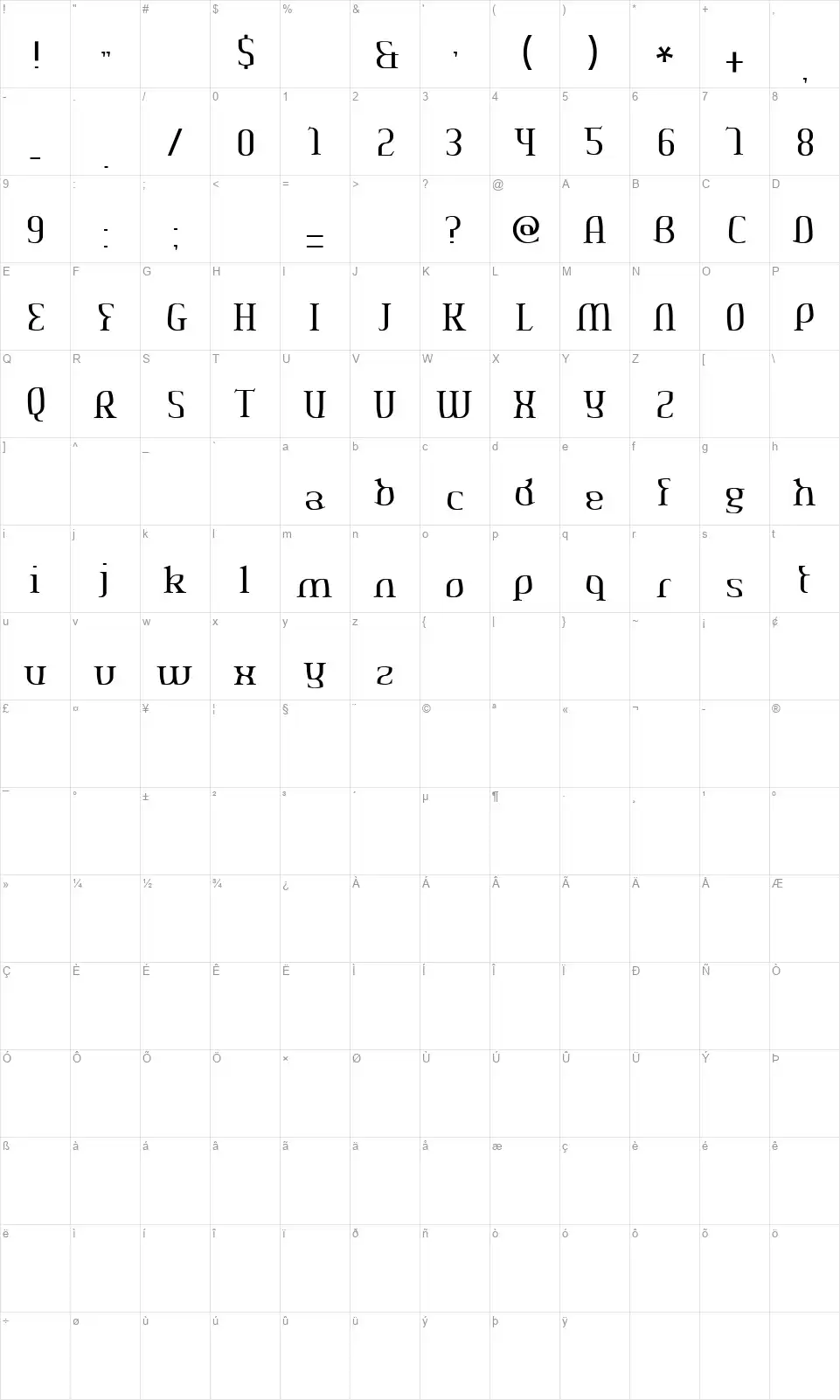 Aeshma Deava OldSeriffont character map