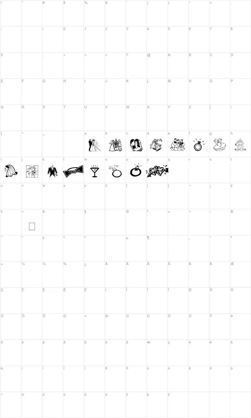 AEZ Wedding Dingsfont character map