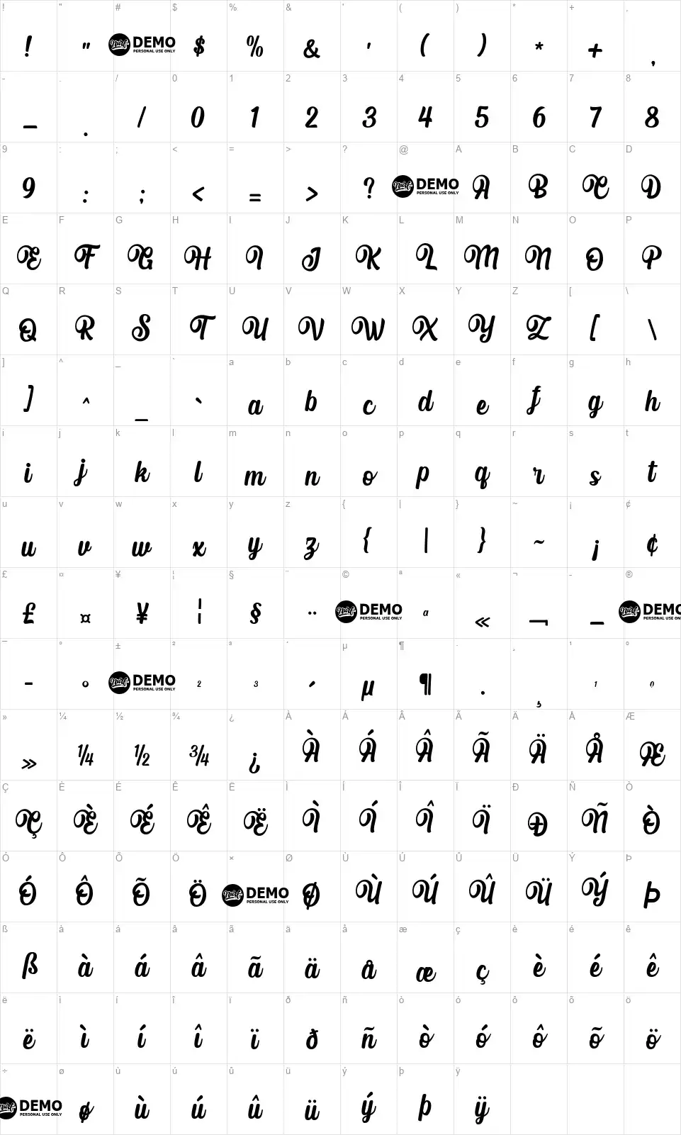 Albertinyfont character map
