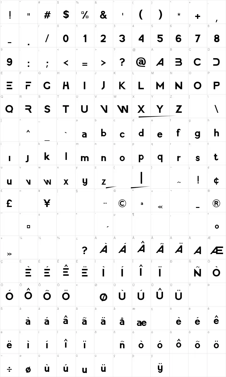 America Fasterfont character map
