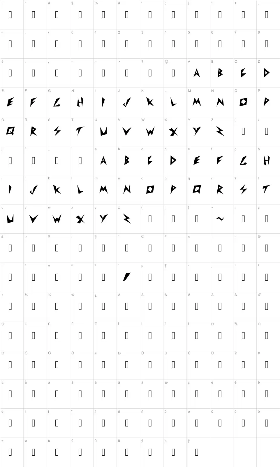 American Captainfont character map