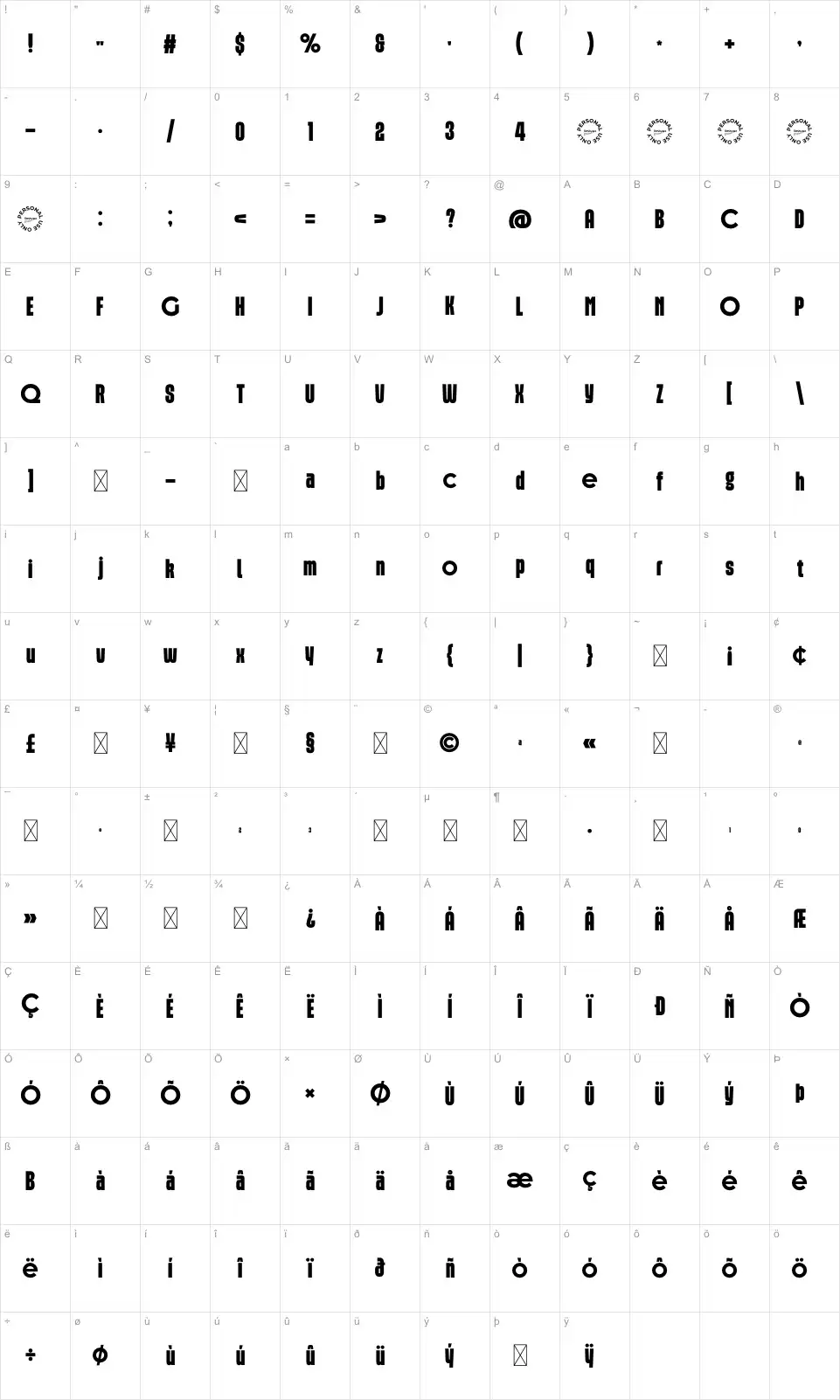Amover Mappa dei caratteri Amoverfont character map