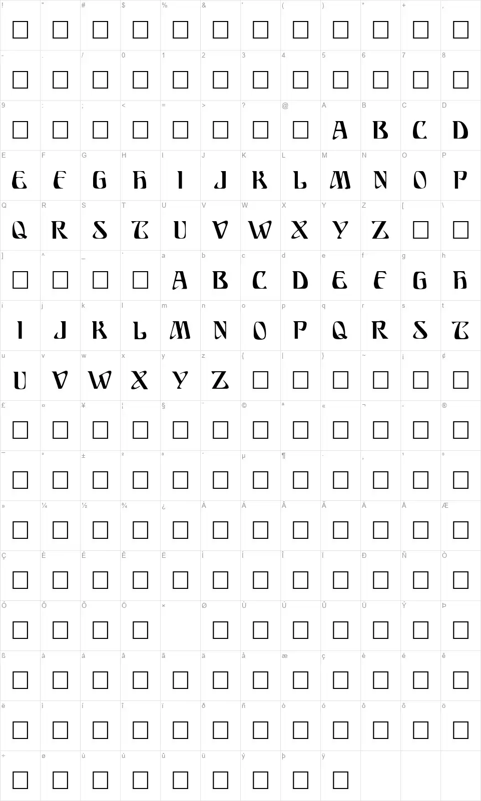 Ariostofont character map