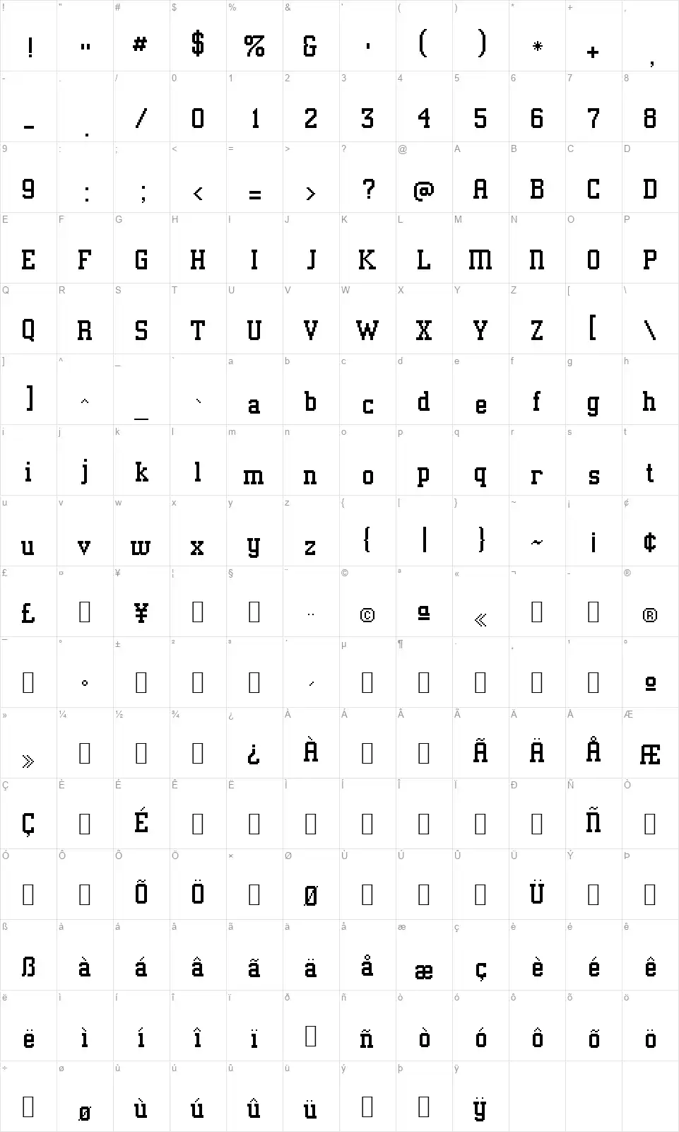 Athens Classicfont character map