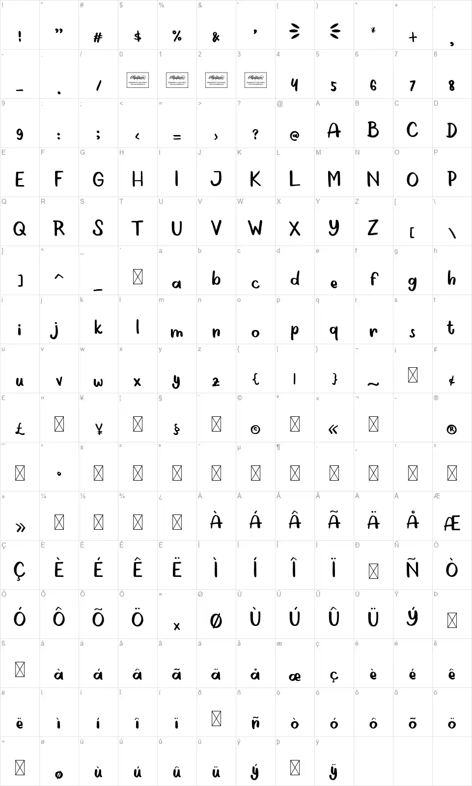 Baby Sparklefont character map
