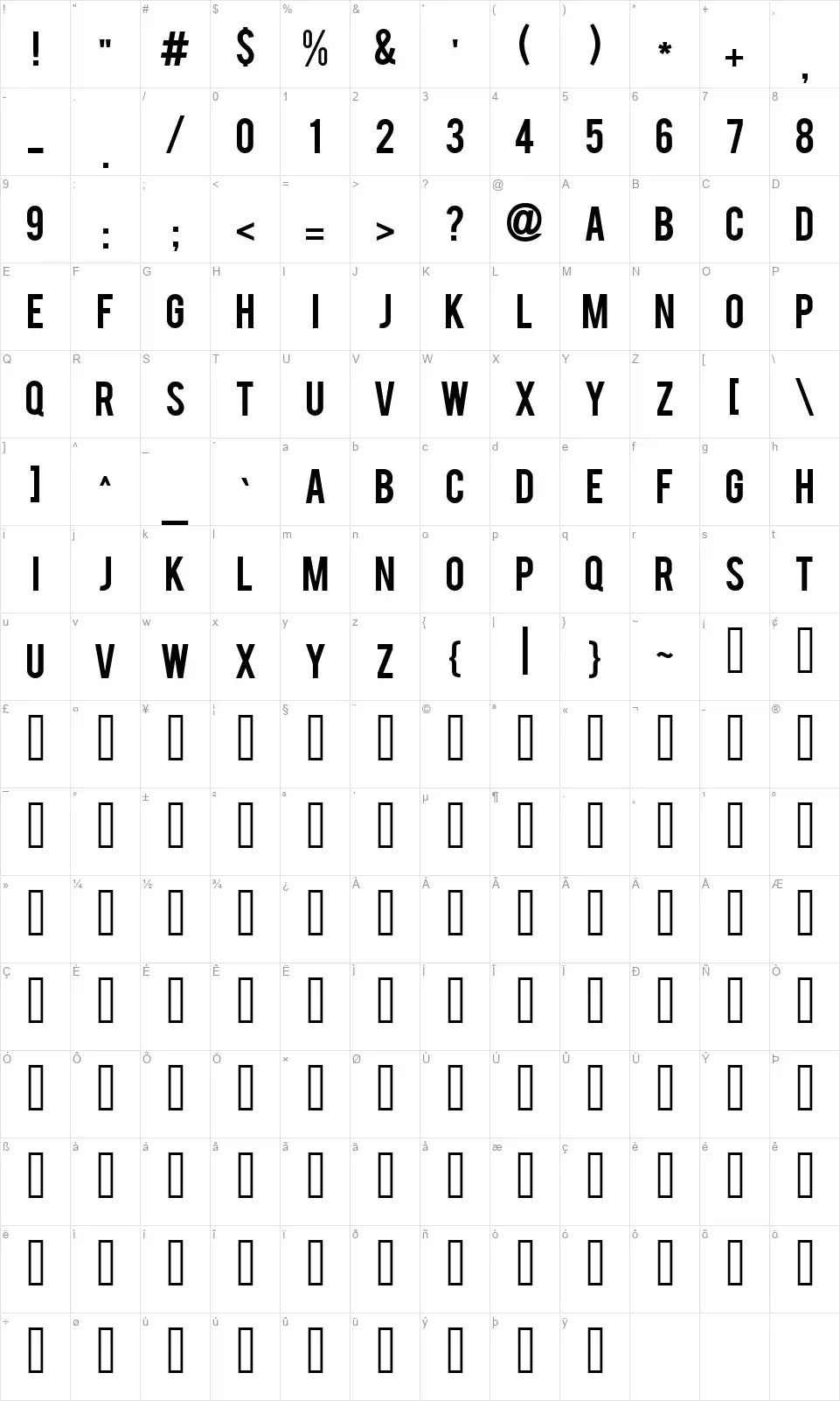 Bebasfont character map