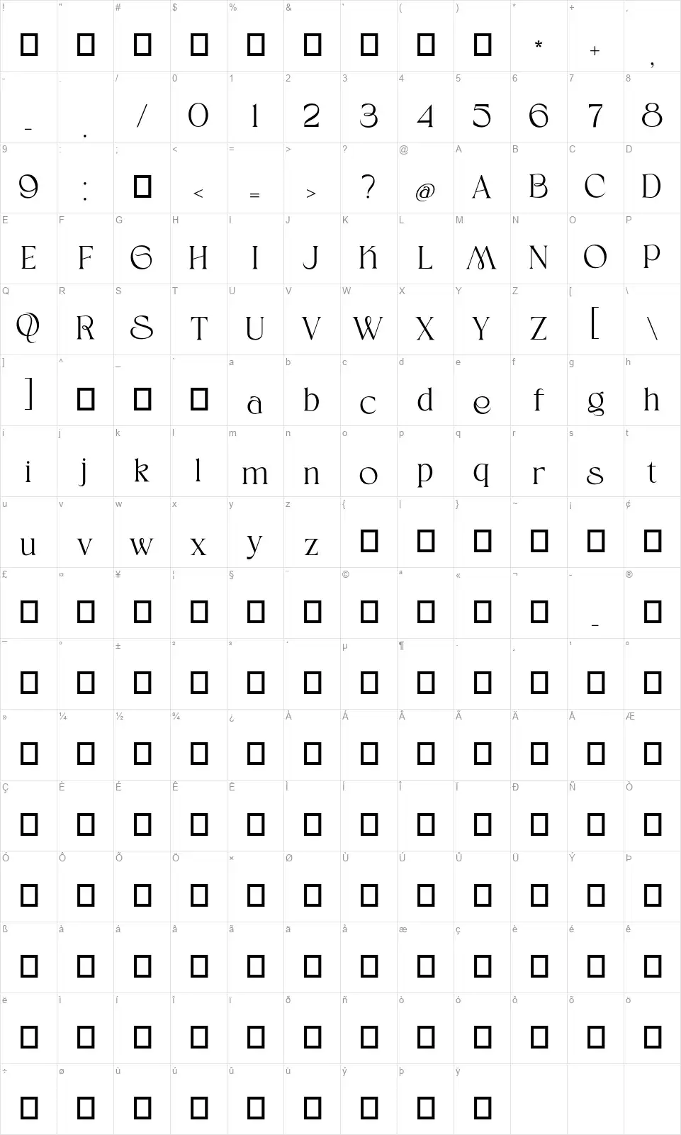 Beyline Mappa dei caratteri Beylinefont character map