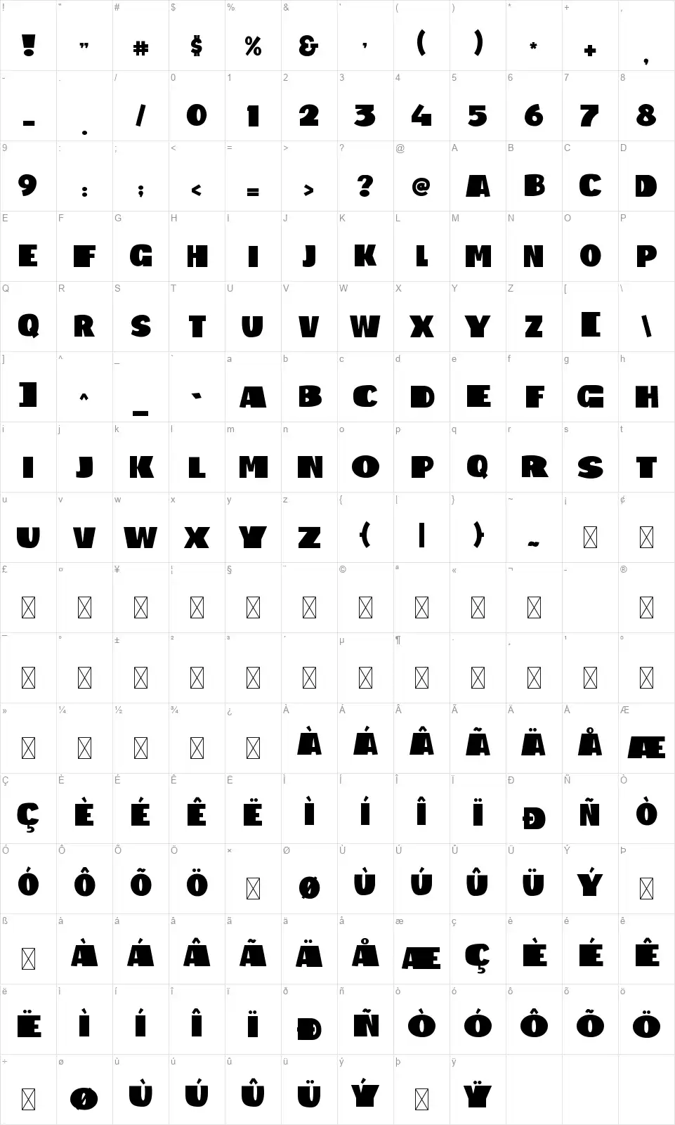 Big Shout Bobfont character map