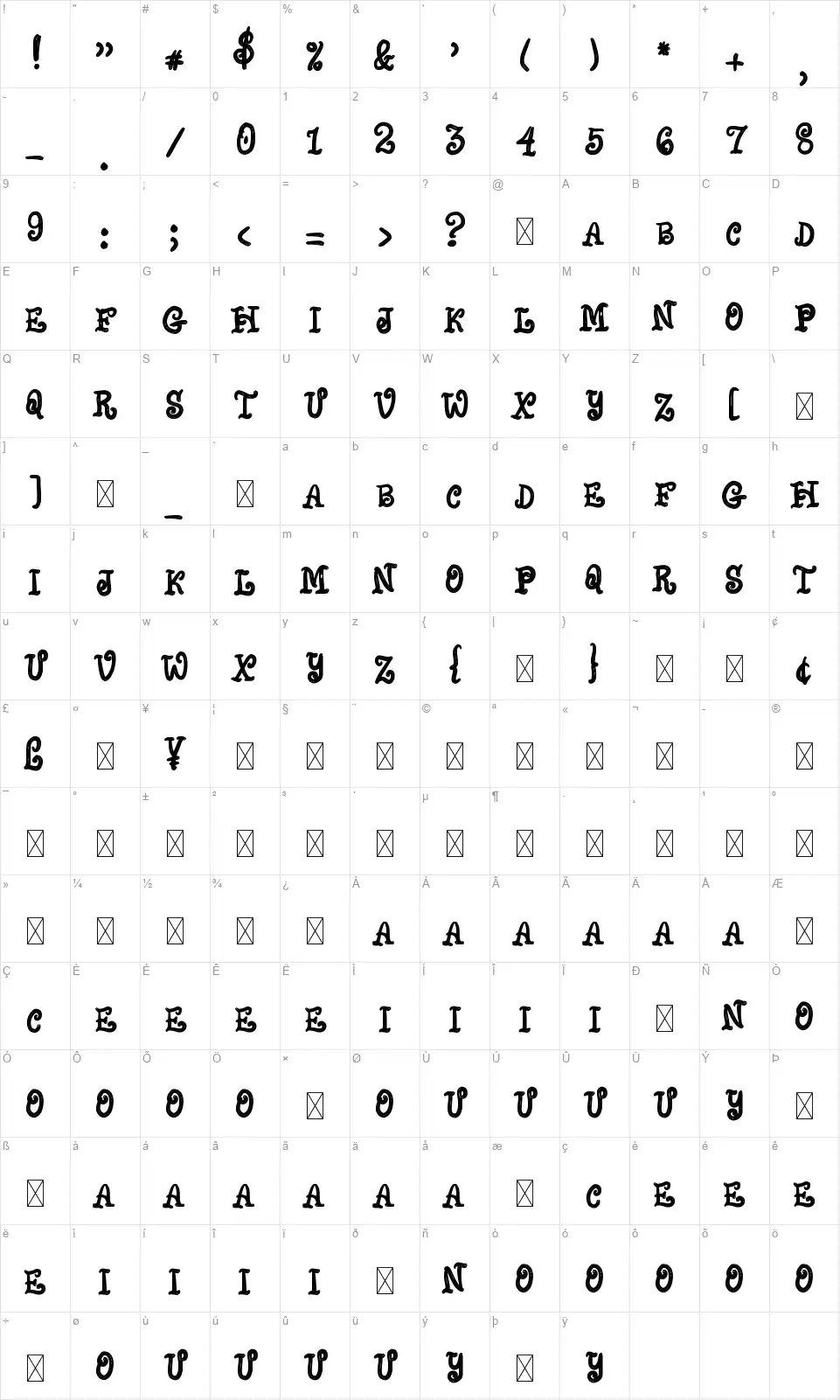 Black Hostenfont character map