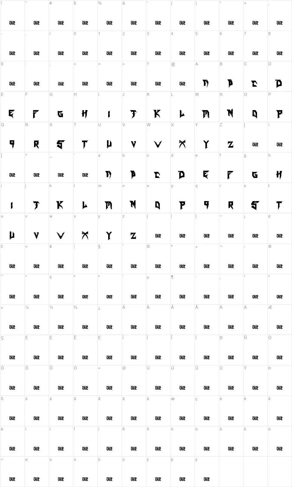 Bladefont character map