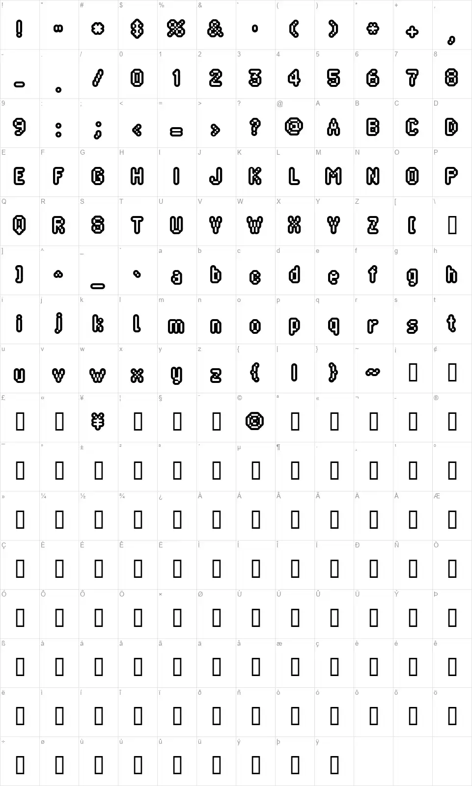 Blippiafont character map