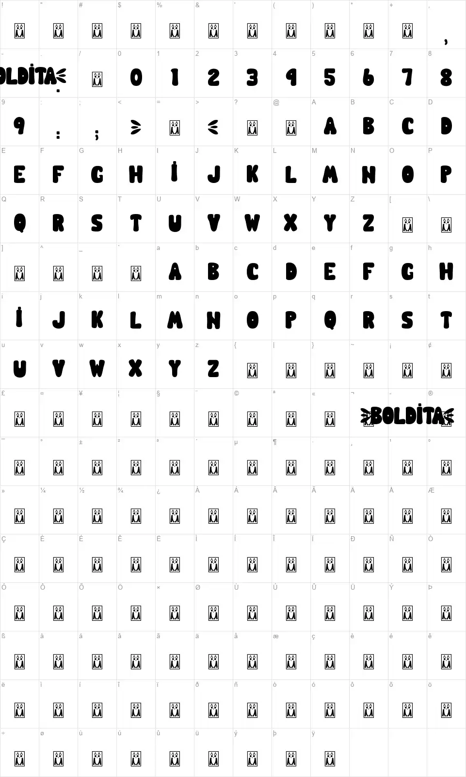 Bolditafont character map