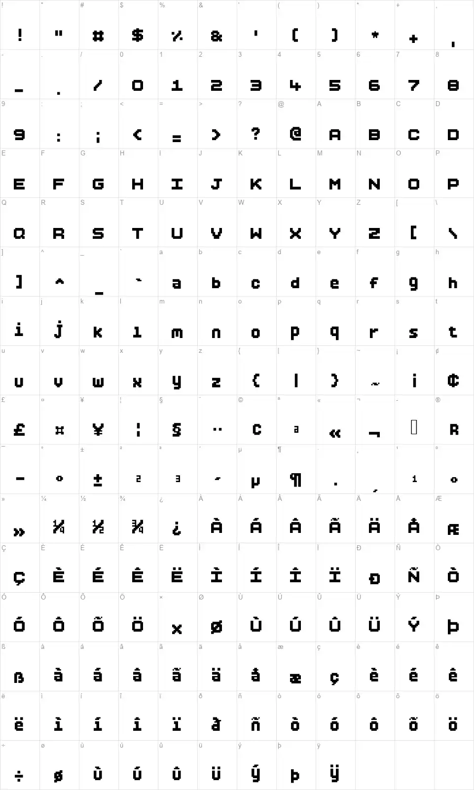 BoldPixelsfont character map