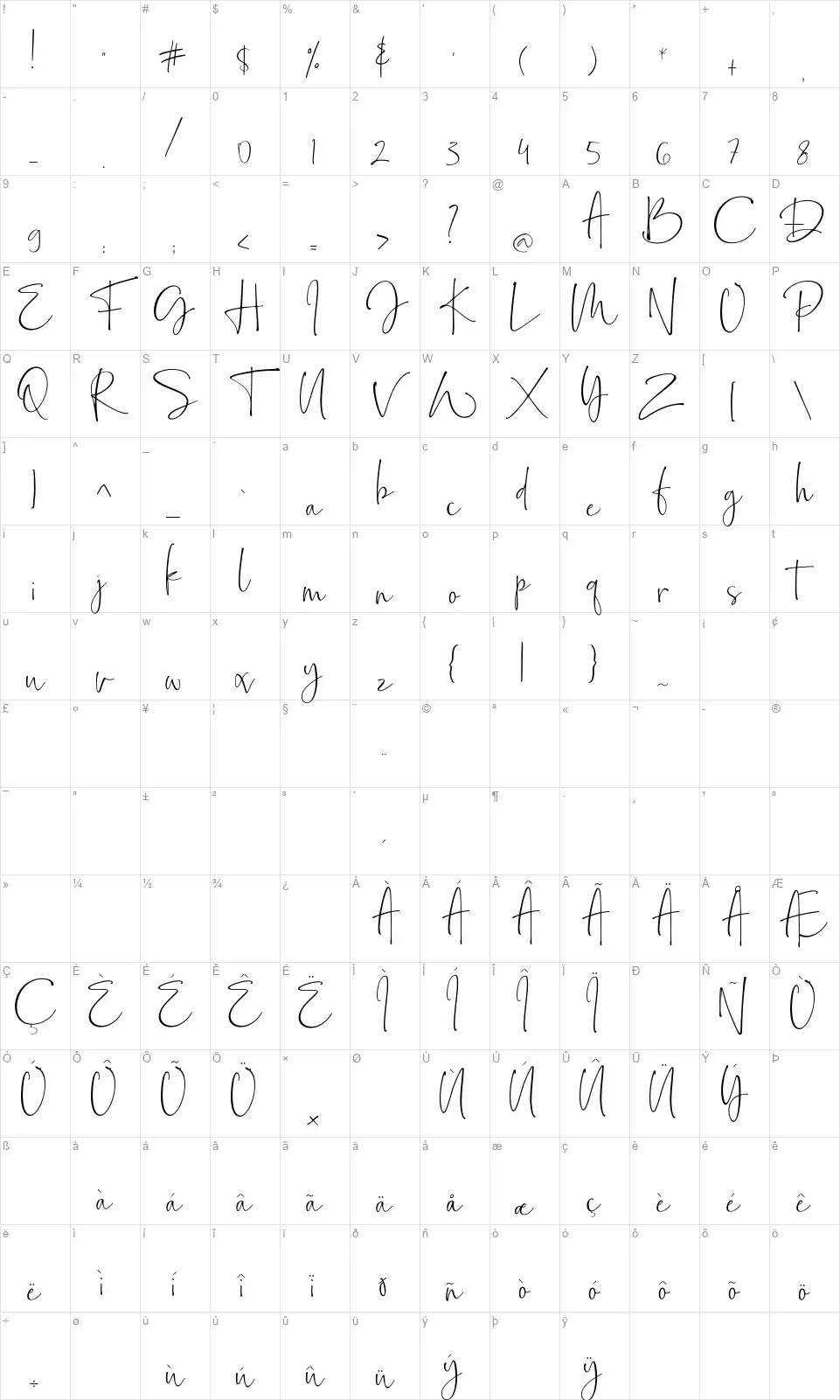 Bollivia Rosilla Scriptfont character map