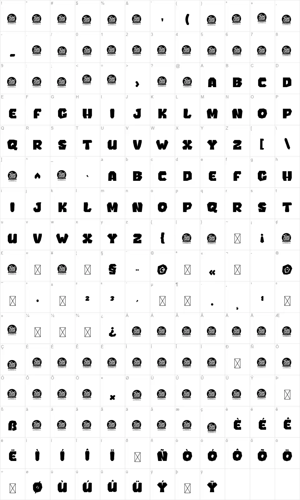 Bonkardfont character map