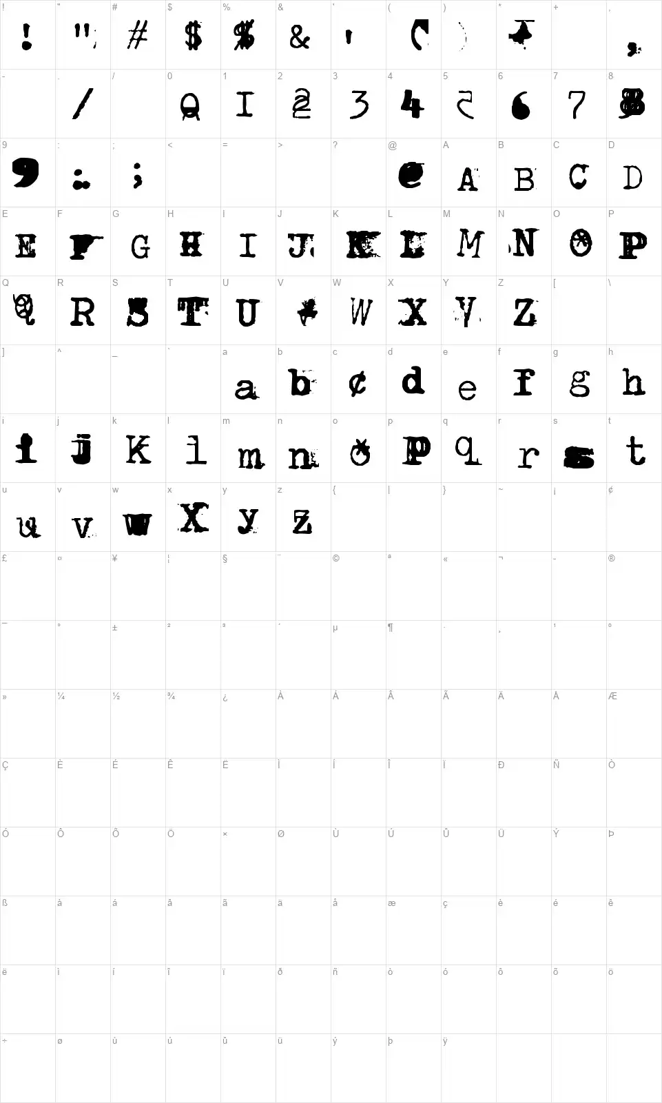 BrentonscrawlTypefont character map