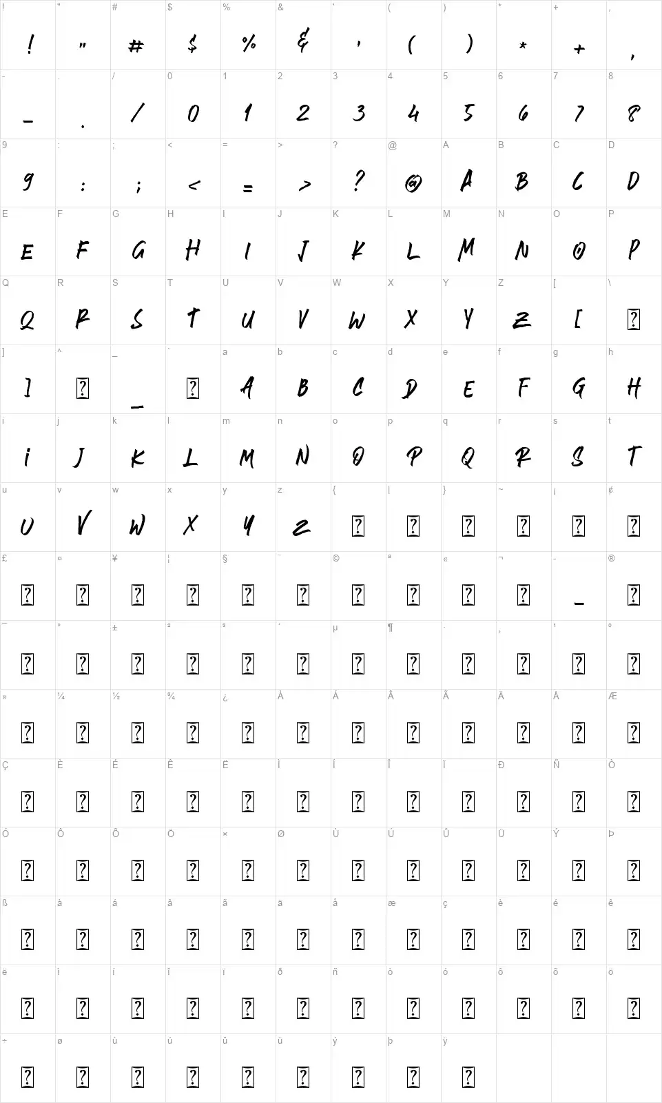 Brushlie Solidfont character map