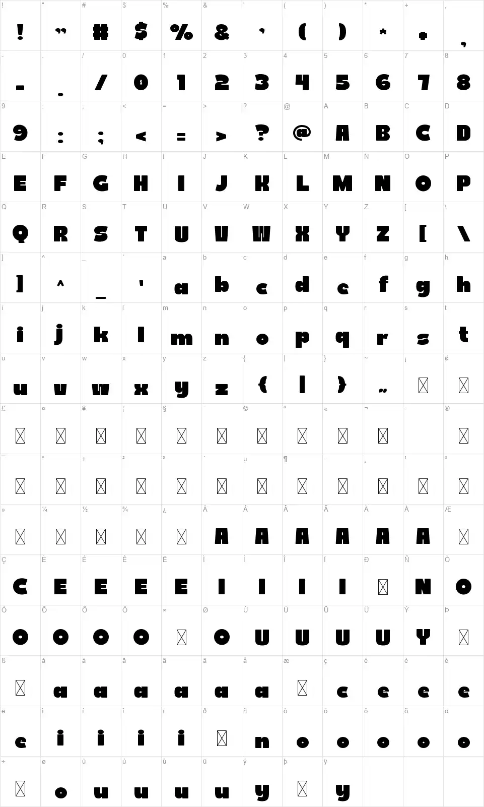 Budoka Mappa dei caratteri Budokafont character map