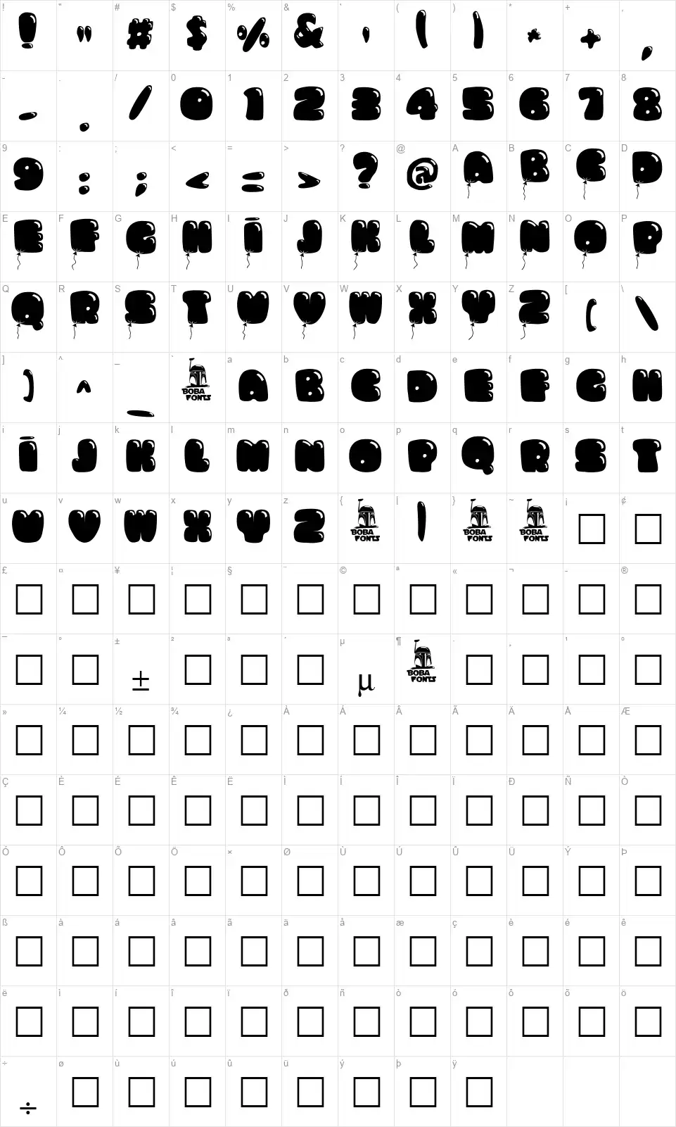 Bumbazoidfont character map