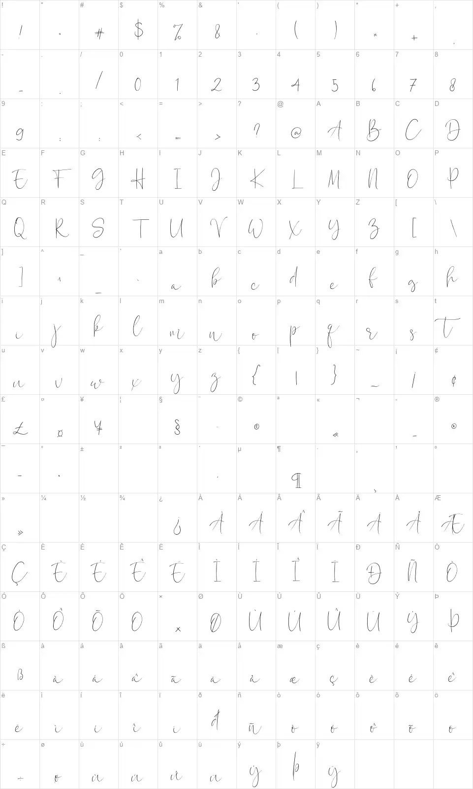 Calistinfont character map
