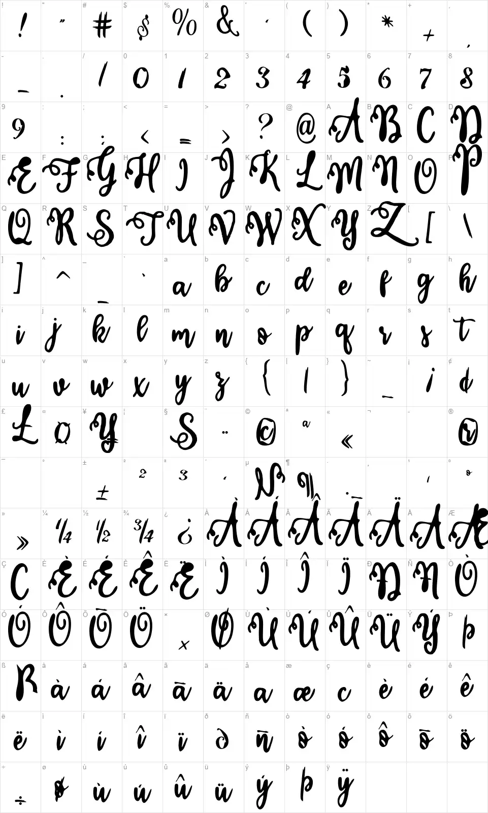 Calligraphy Styefont character map