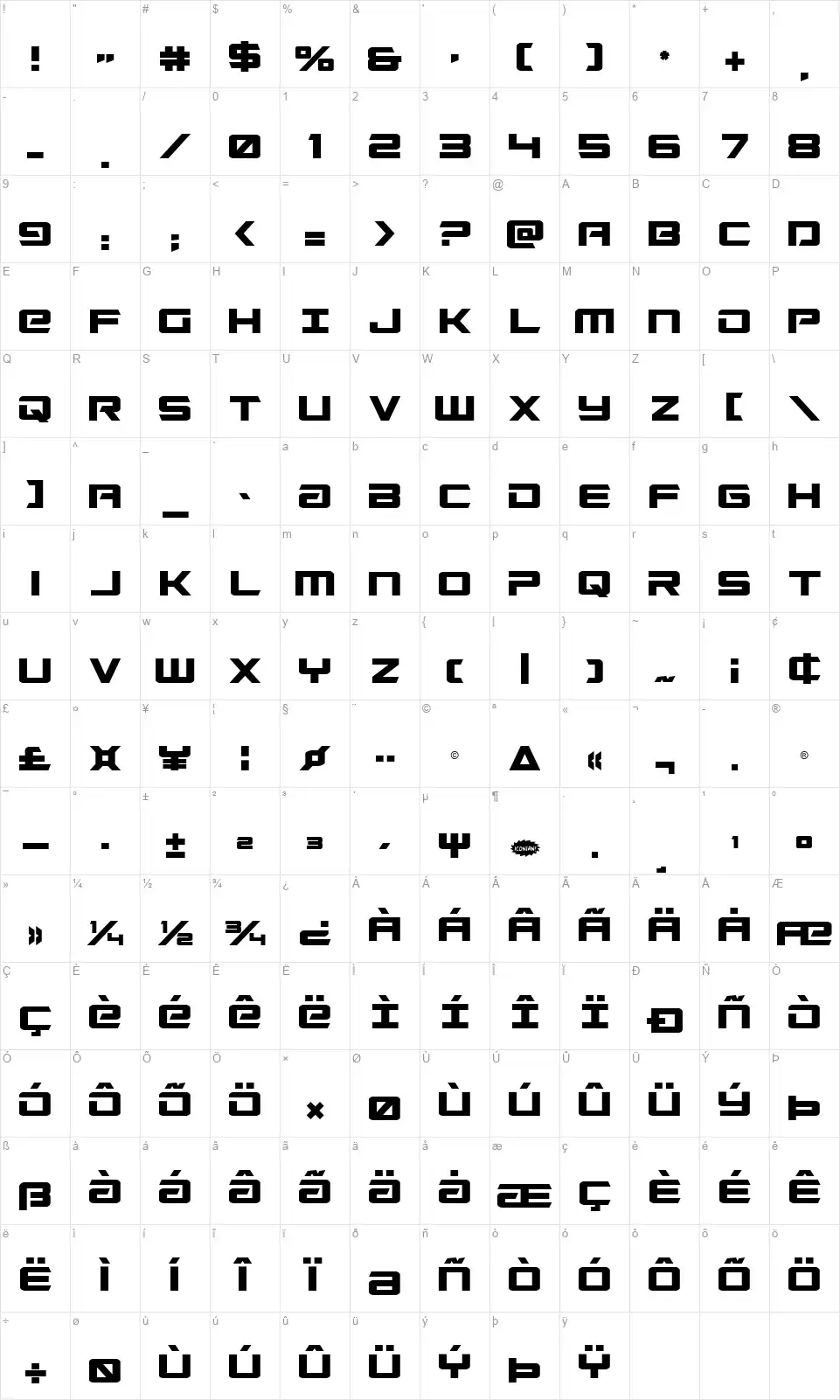 Captain Falconfont character map