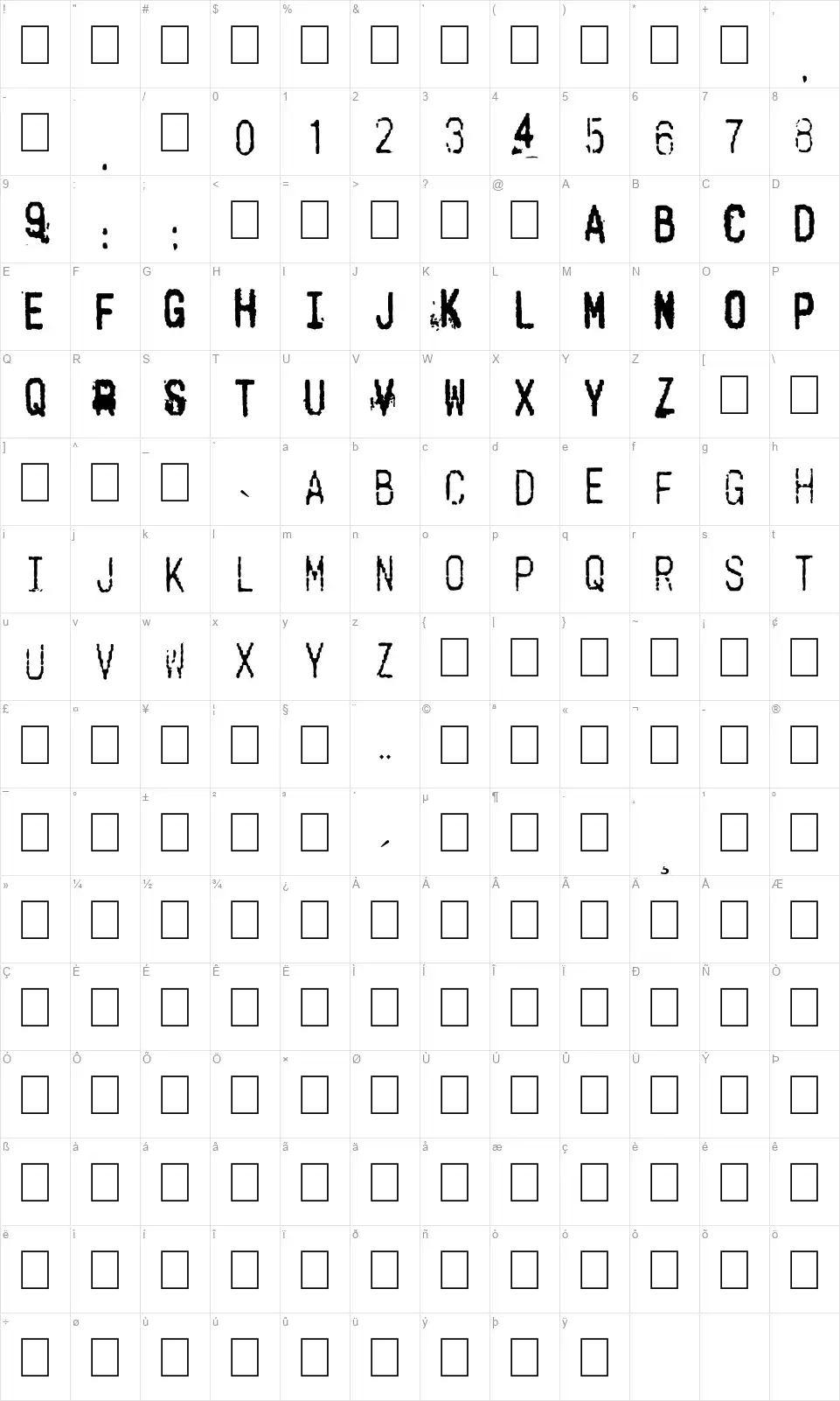 Cashierfont character map