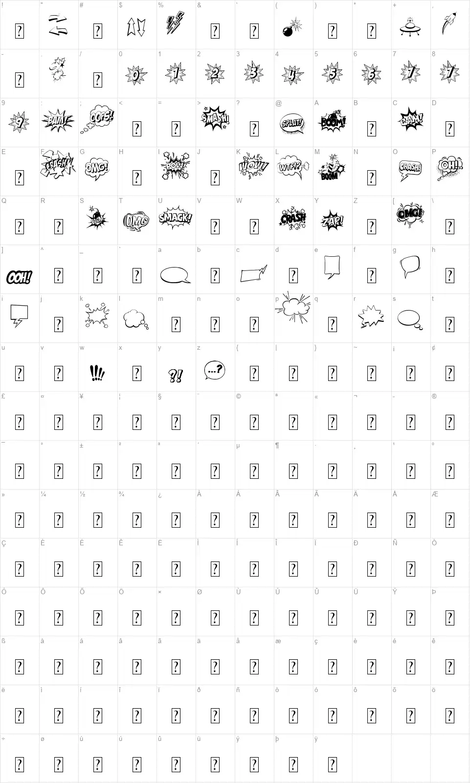 Comic Boom Elementsfont character map