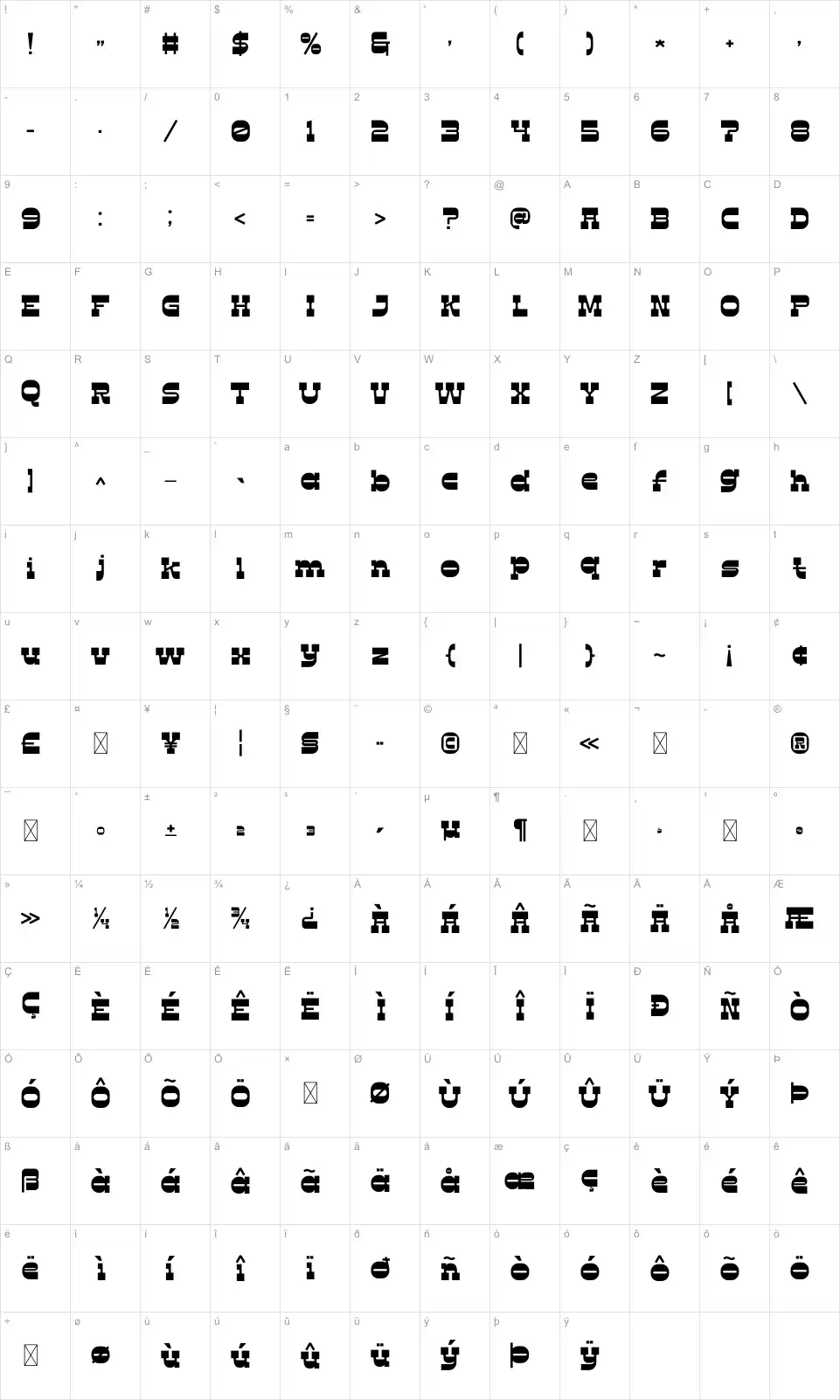 Comoz Mappa dei caratteri Comozfont character map
