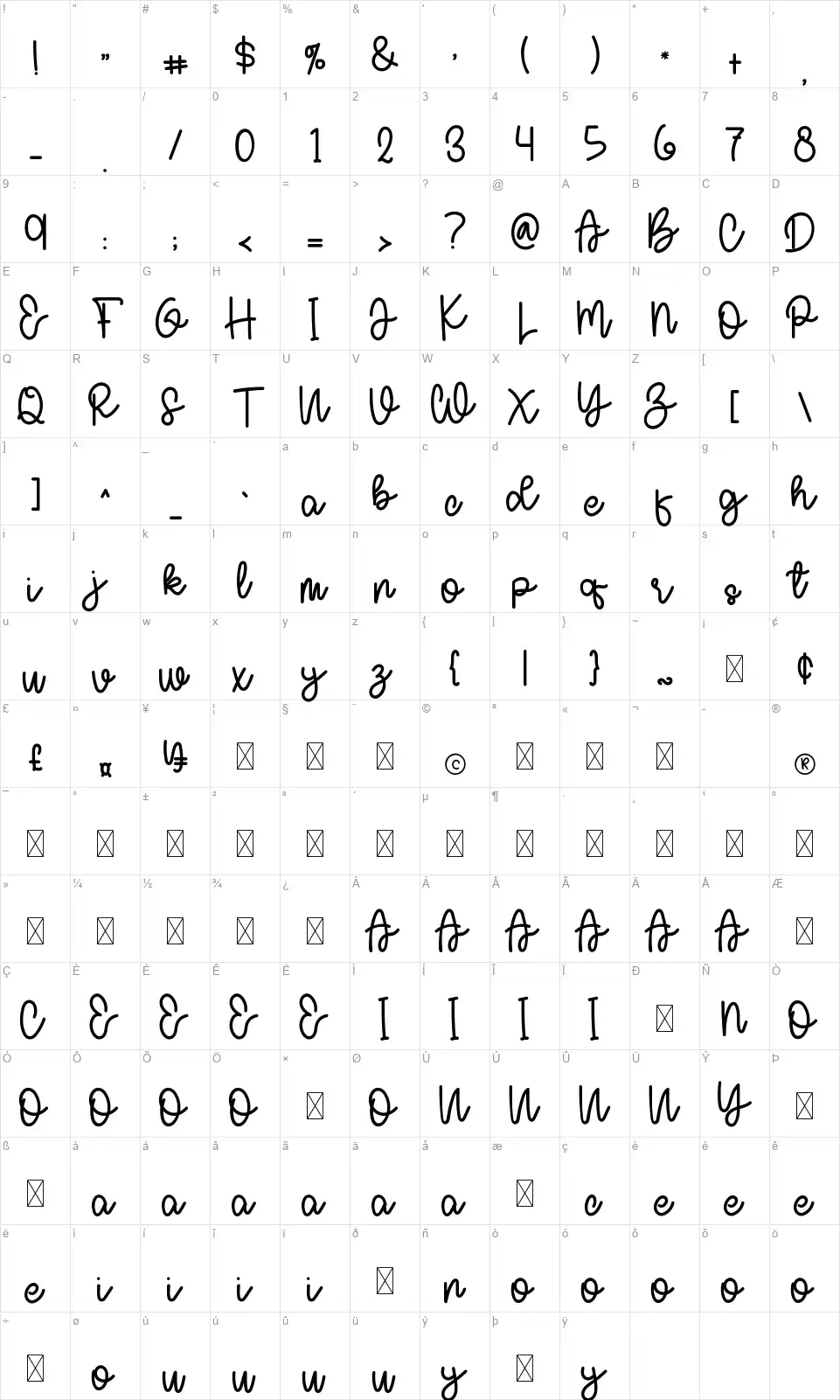 Cools Womenfont character map