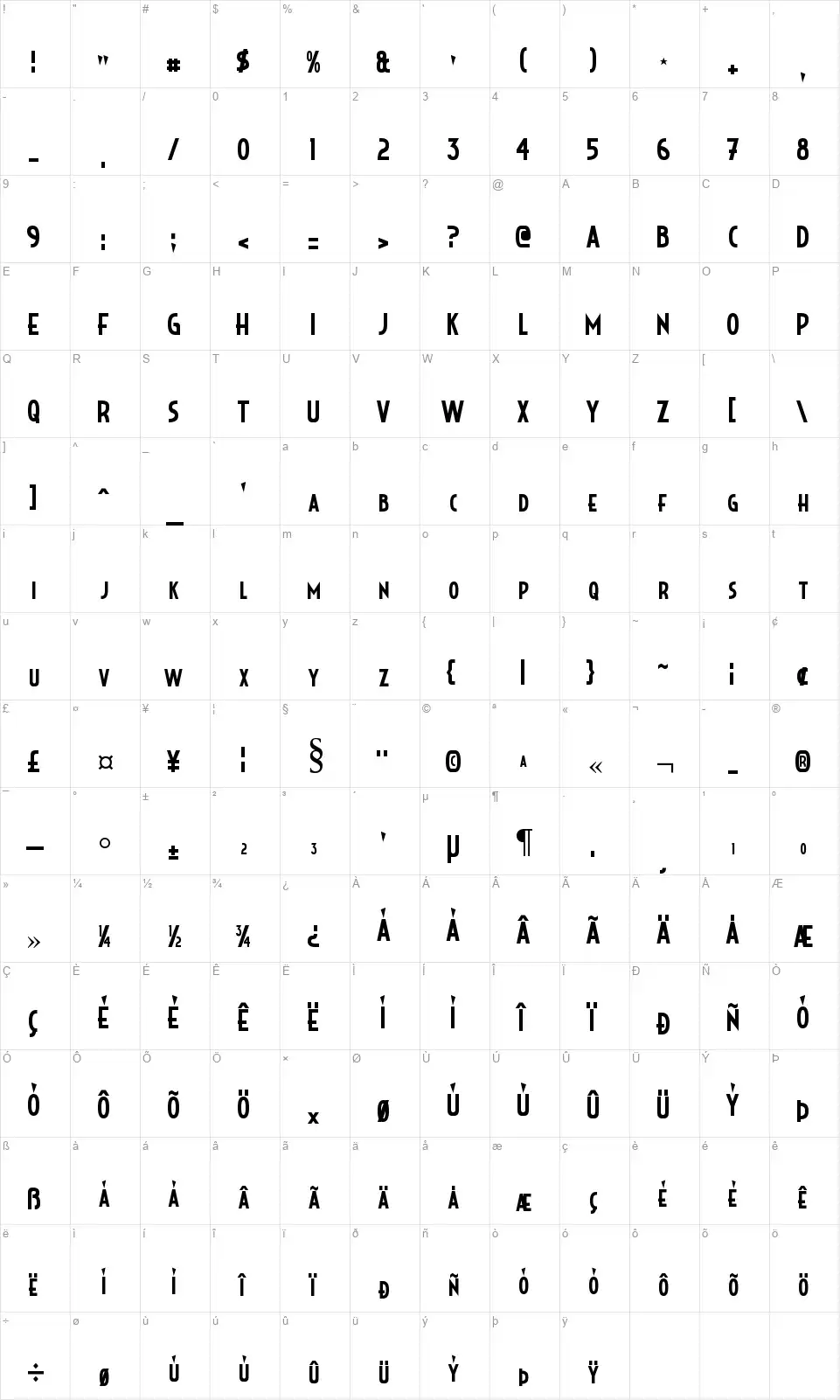Crystal Decofont character map