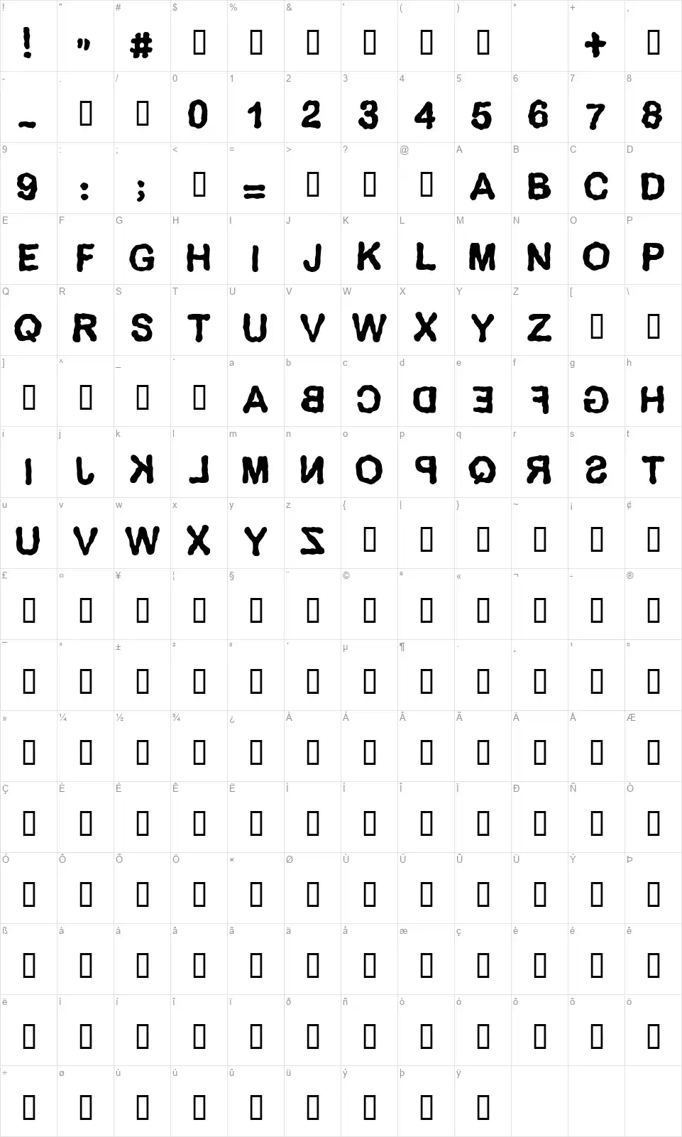 Deliriumfont character map