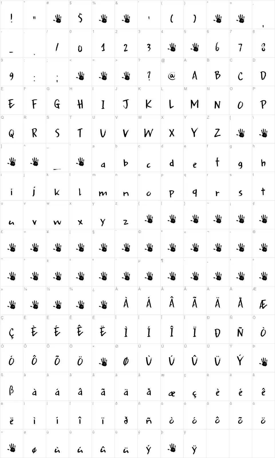 DK Splinterhandfont character map