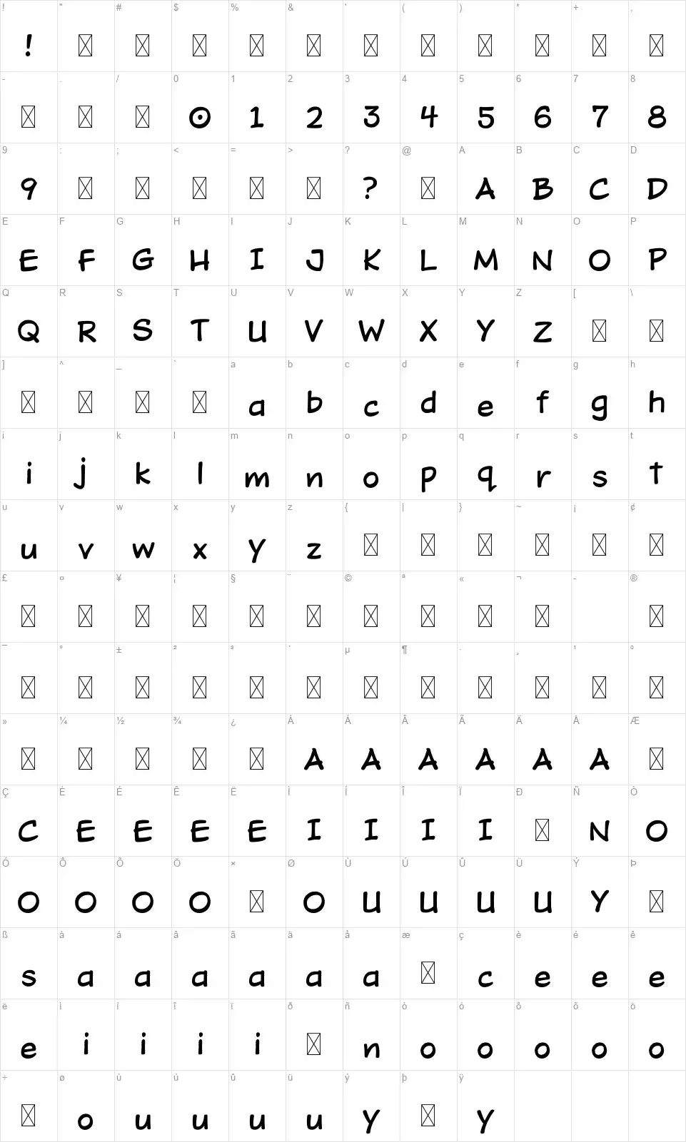 Dojo Toonfont character map