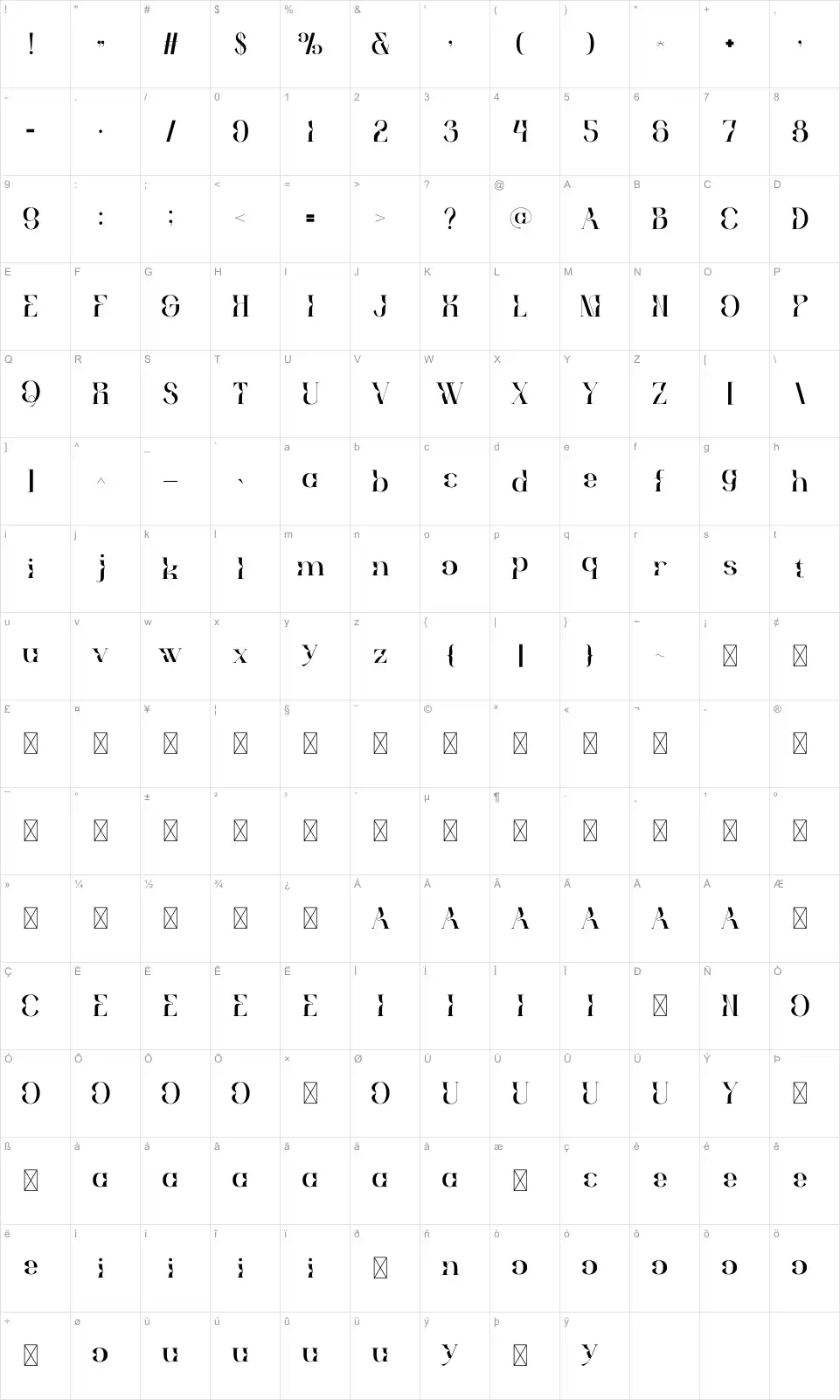 Dreamty Mappa dei caratteri Dreamtyfont character map
