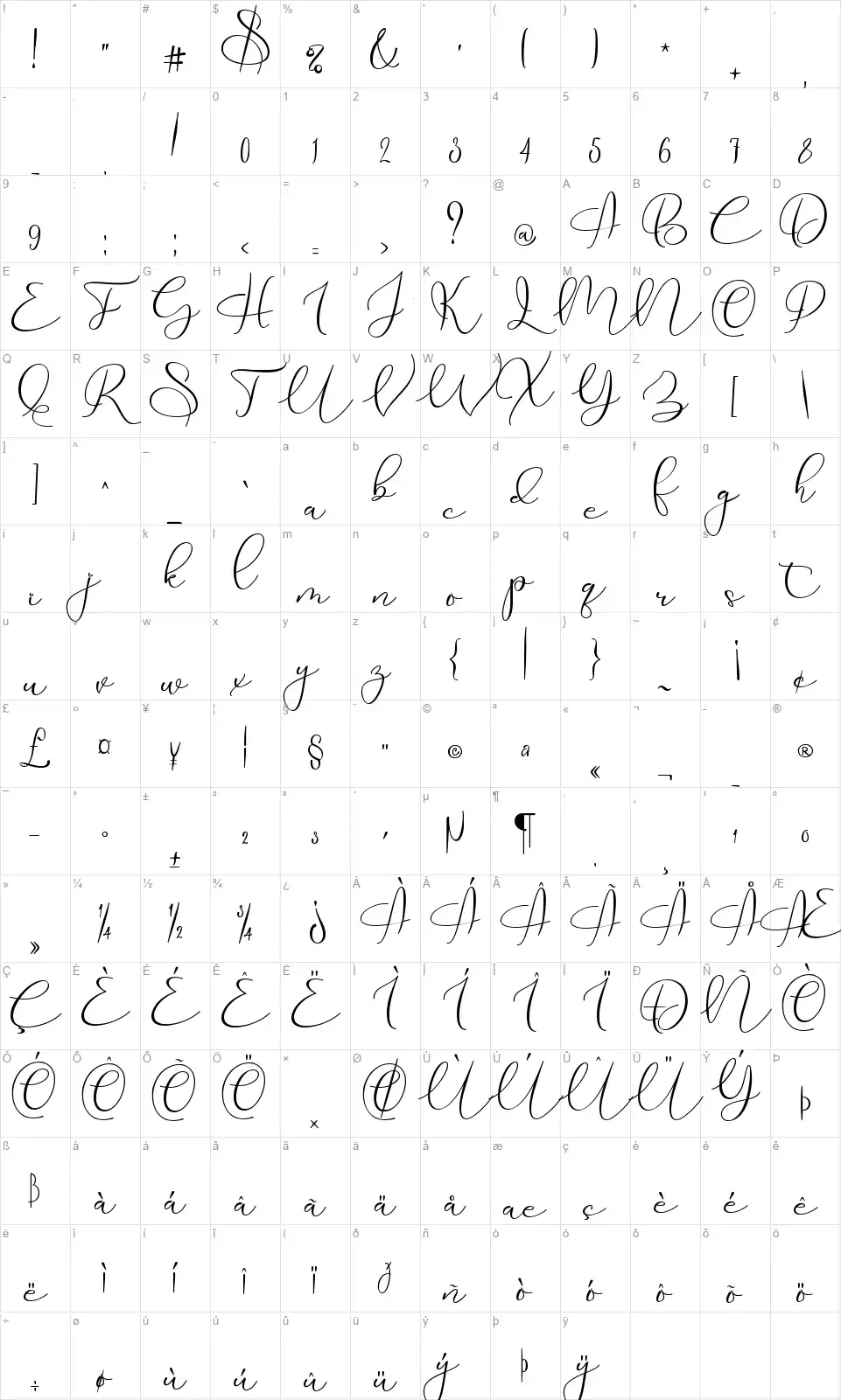 Driana Bridethfont character map
