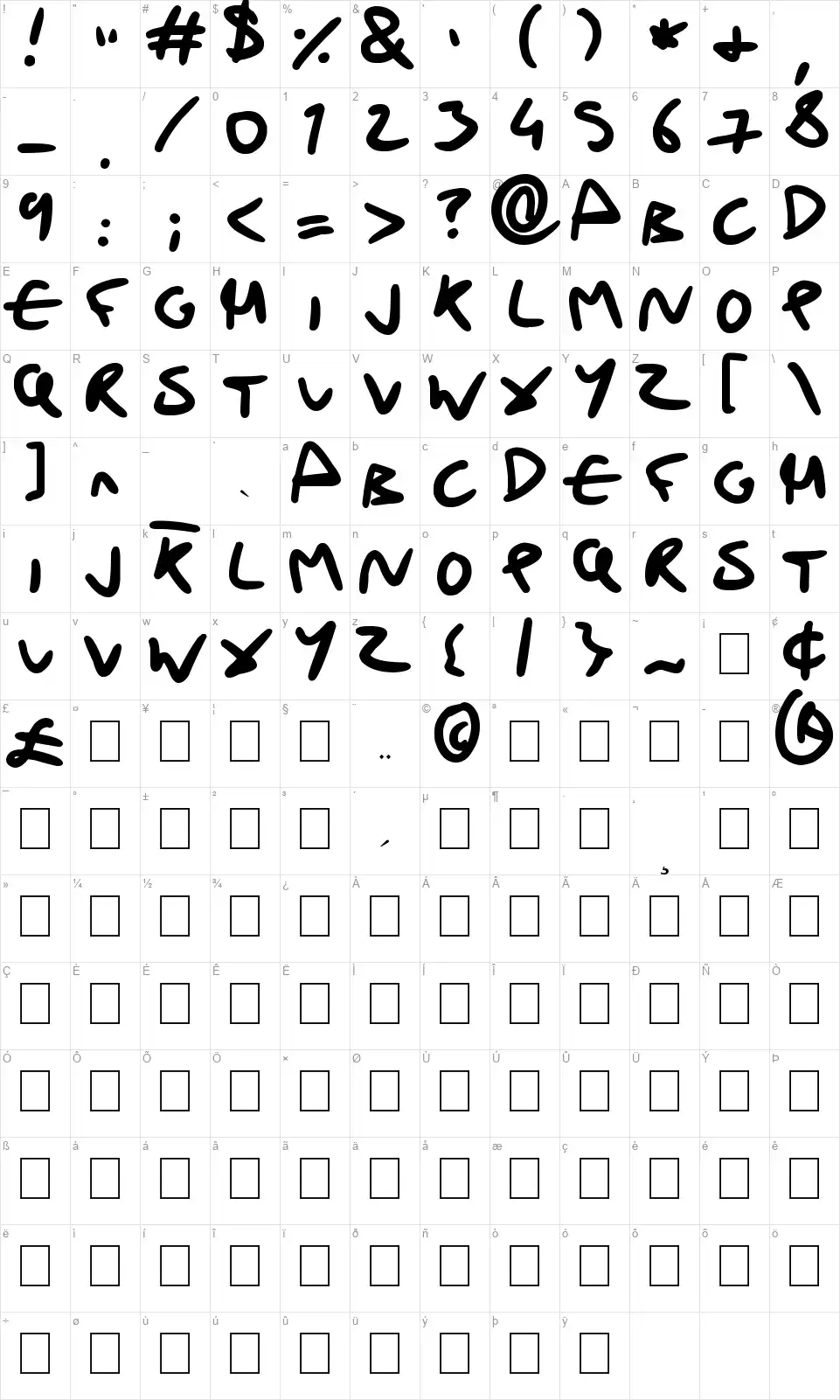 Drunk Handwritingfont character map