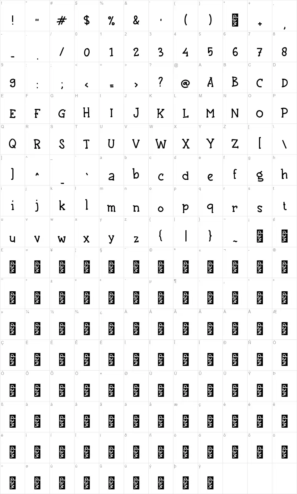 e Esensi Hukumfont character map