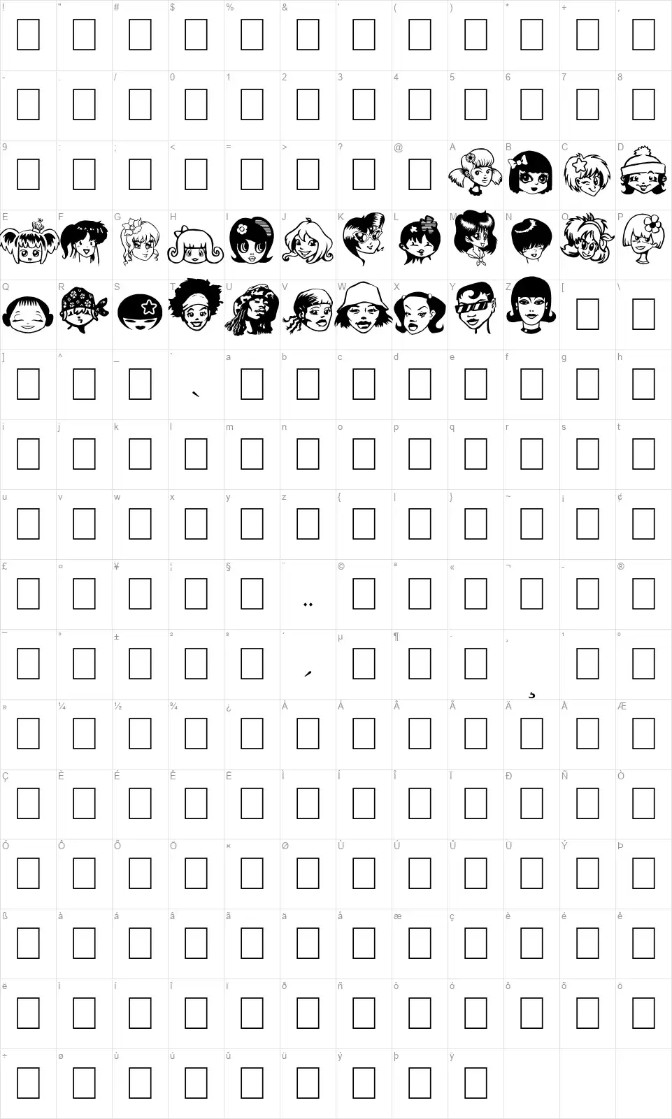 Egirlzfont character map
