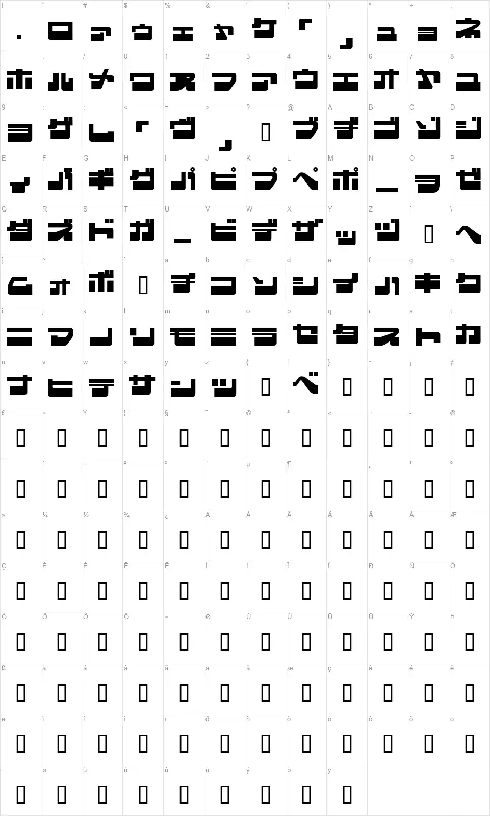 Eject Japfont character map