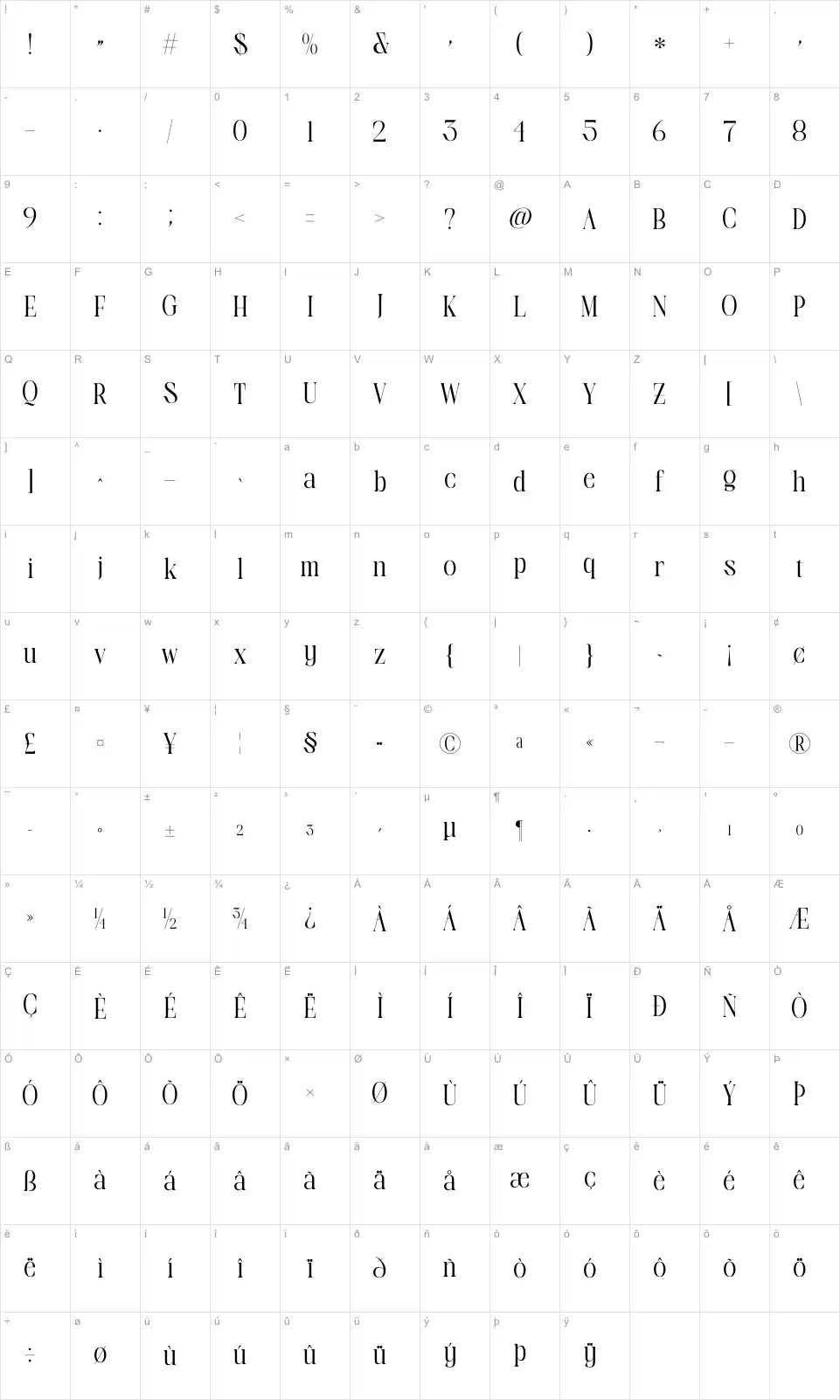 Elegance Natural Valentinefont character map