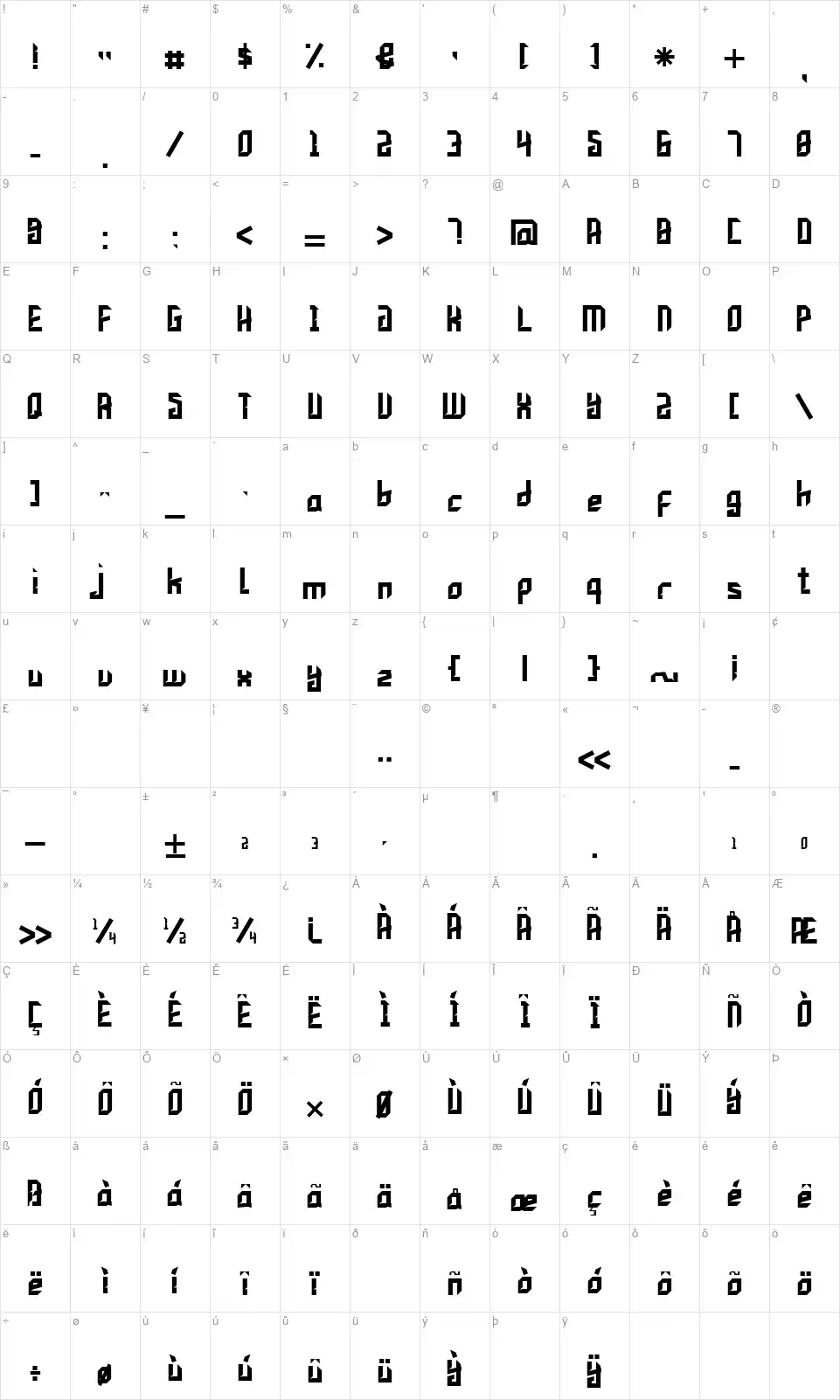 Ensavierfont character map
