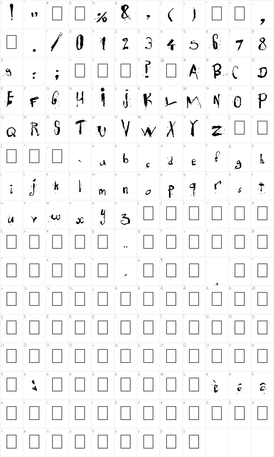 Exhaustedfont character map