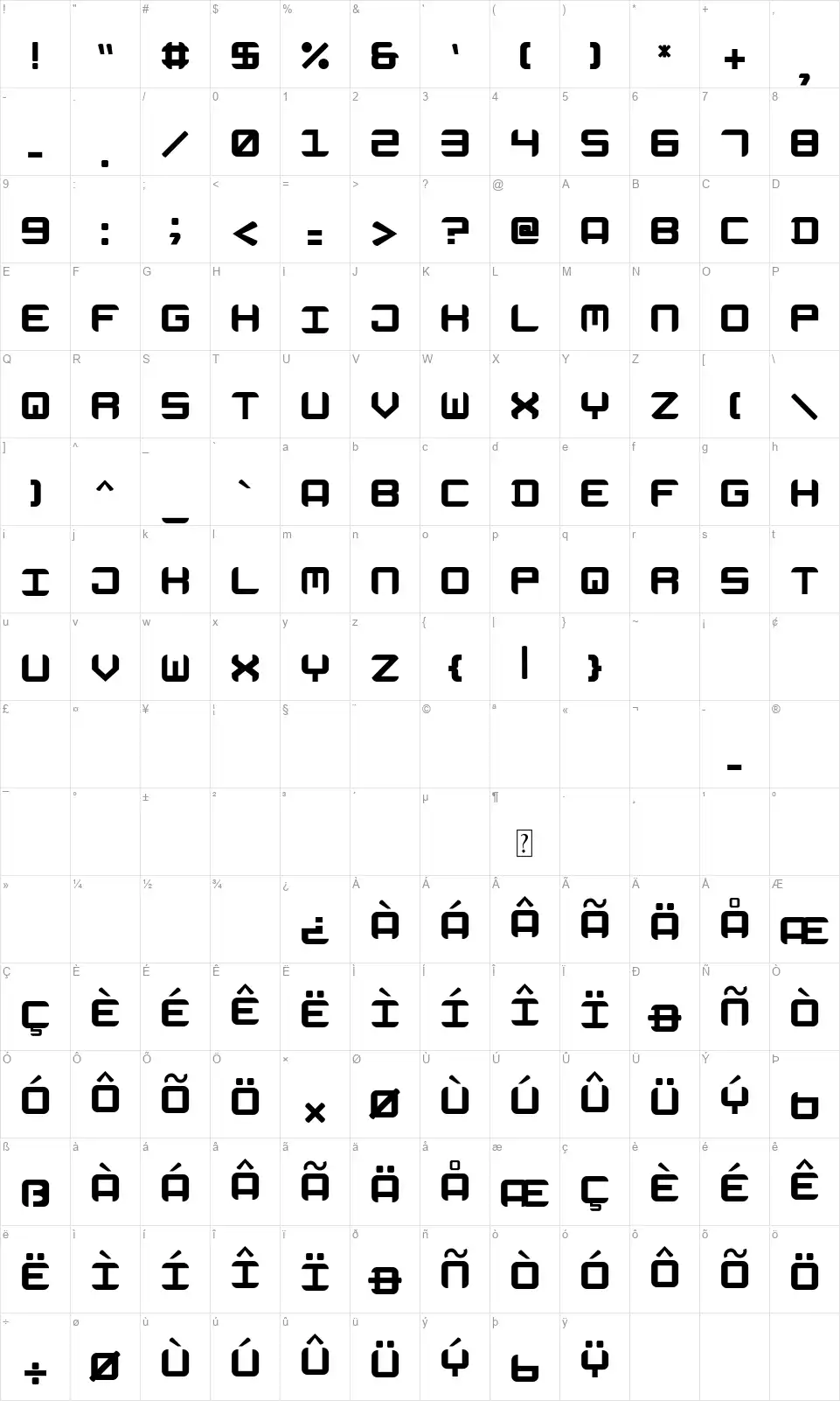 Expansefont character map