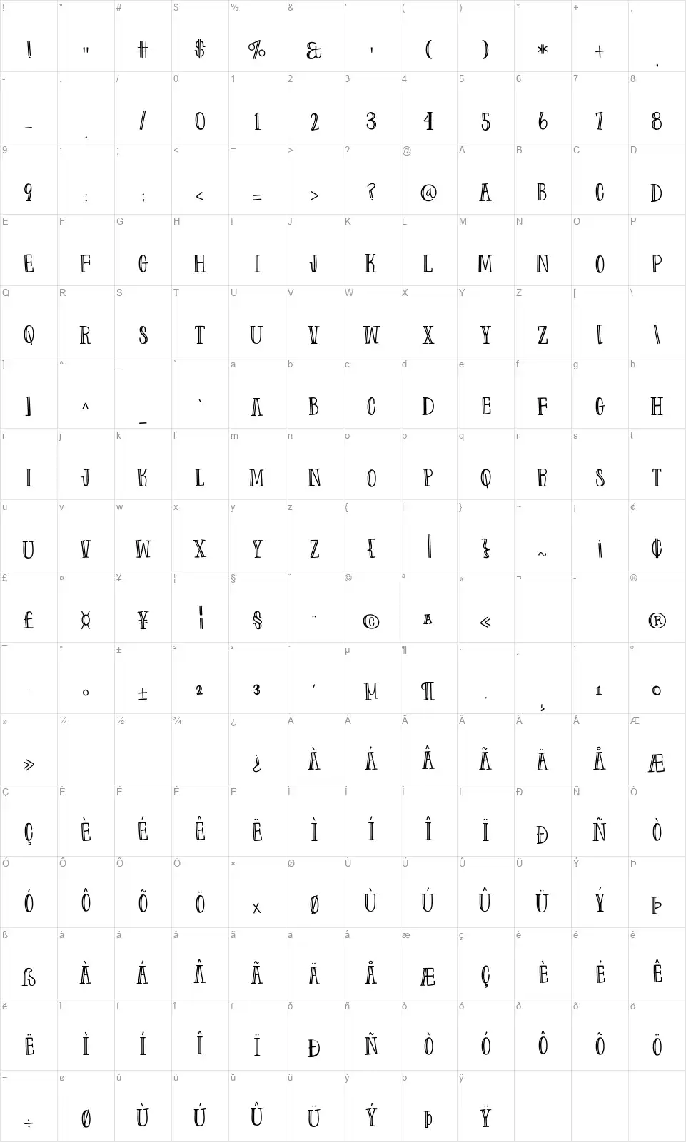 Farm to Market Fancyfont character map