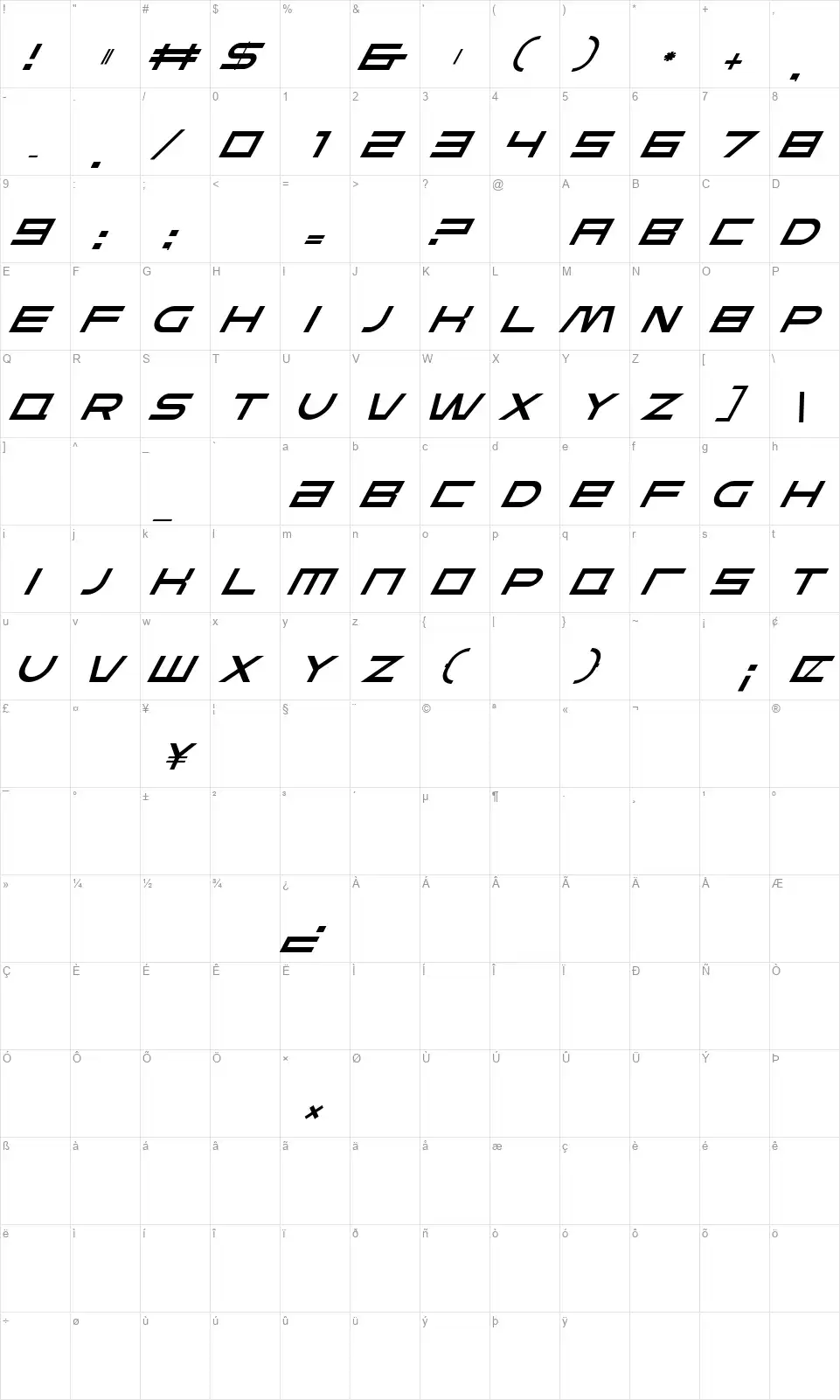 FEAR Dynamic Italicfont character map