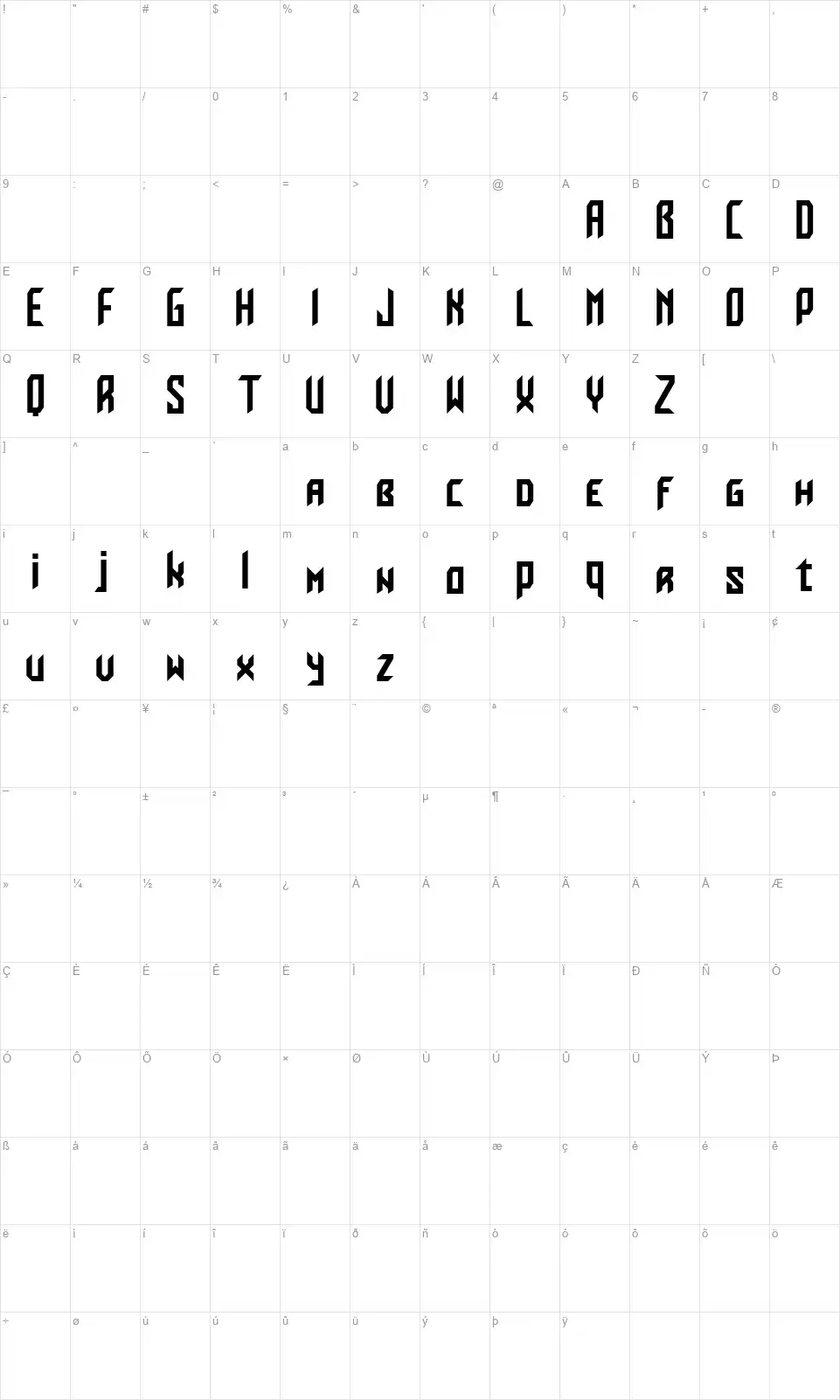 Fialigafont character map